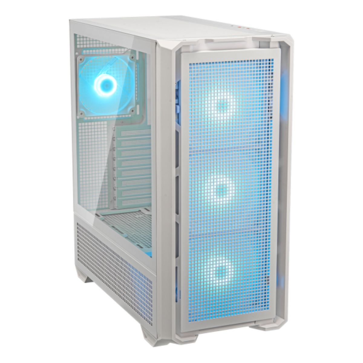 Weißes Computergehäuse mit blauen LED-Lüftern, sichtbar durch Glas und Mesh-Front.