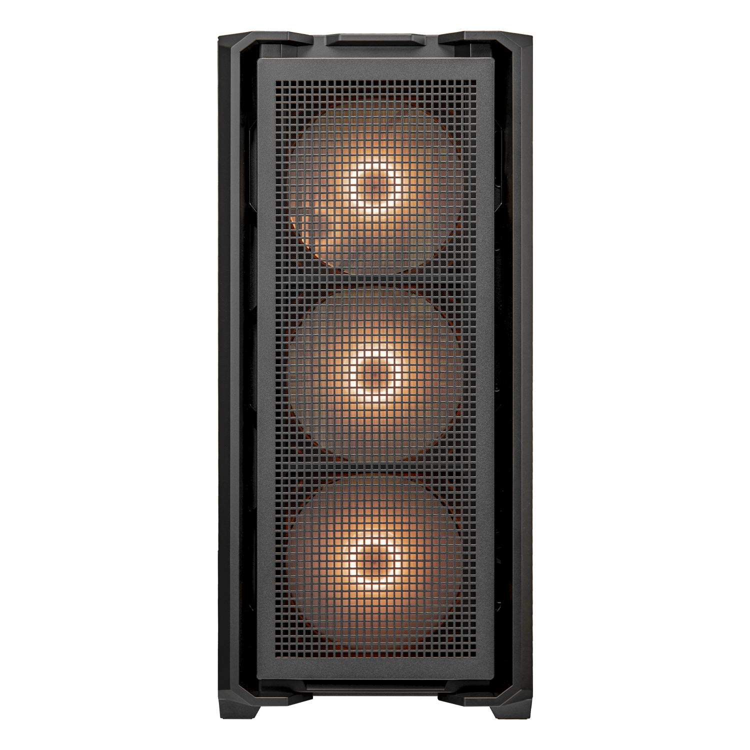 Schwarzes PC-Gehäuse mit drei beleuchteten Lüftern hinter einem Gitter.