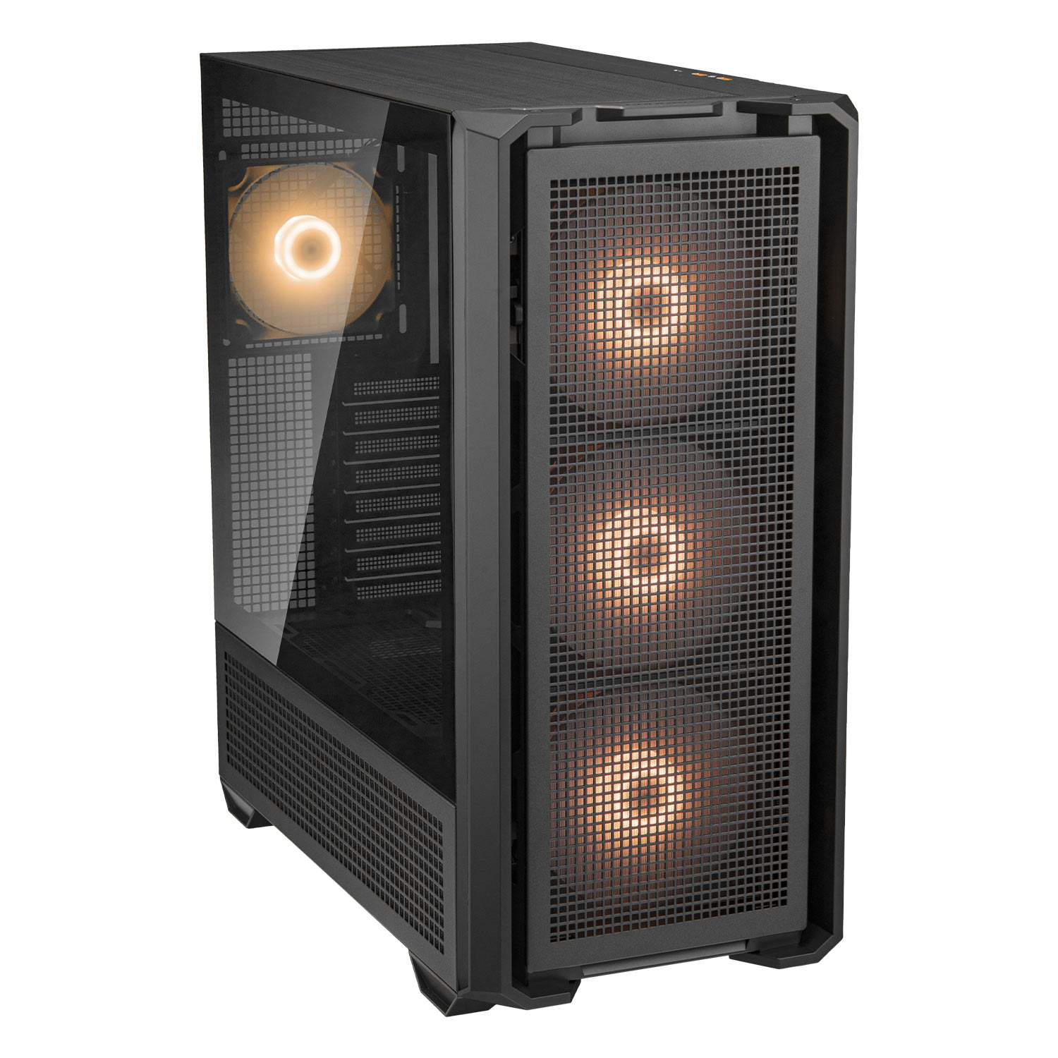 Schwarzes PC-Gehäuse mit Glasfront und beleuchteten Lüftern.