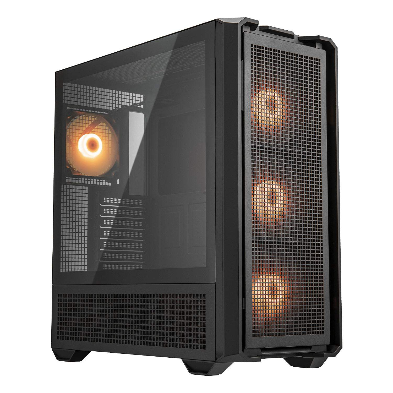 Schwarzes PC-Gehäuse mit Glasfenster und beleuchteten Lüftern.