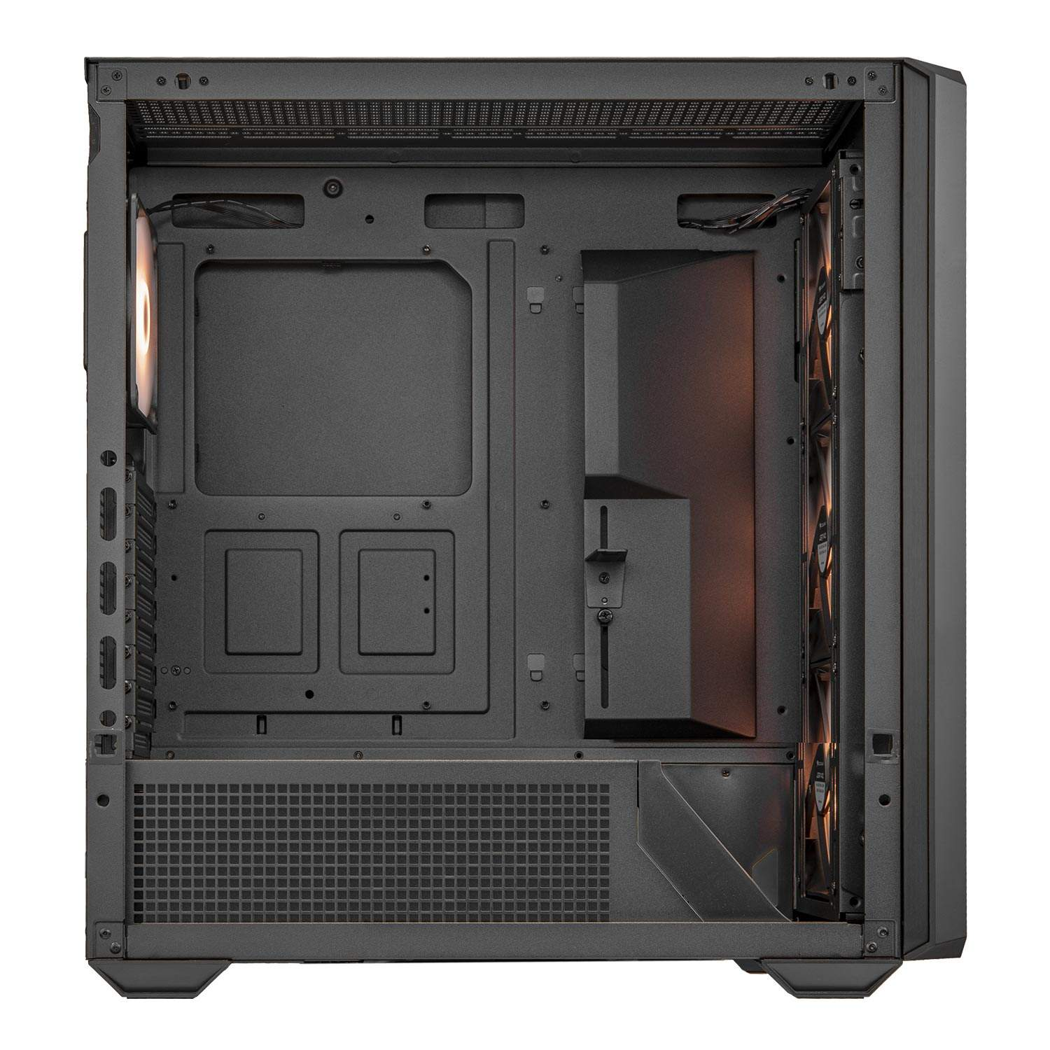 Innenansicht eines schwarzen Computergehäuses mit Lüftern und Verkabelung.