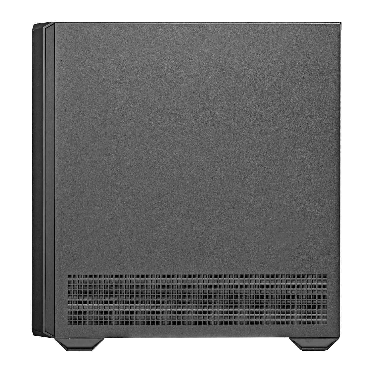 Grauer Computerturm mit Lüftungsschlitzen und Füßen, von der Seite gesehen.