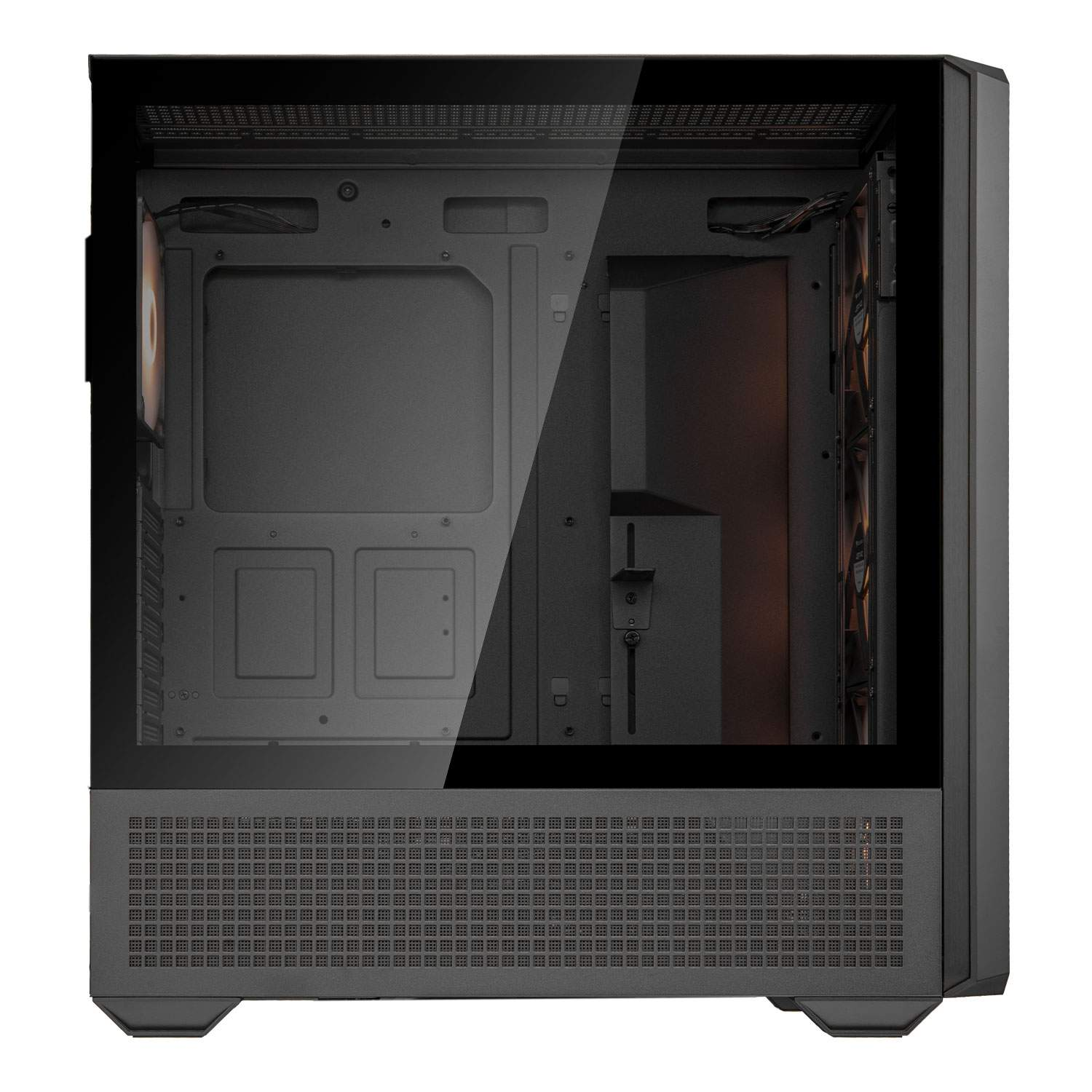 Ein schwarzes Computergehäuse mit Glasfront und Lüftern.