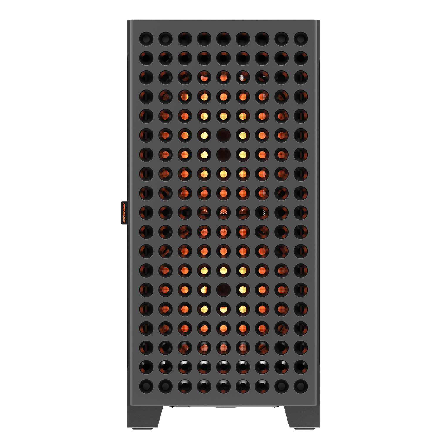 Graues Computergehäuse mit vielen runden, beleuchteten Öffnungen, die orange leuchten.