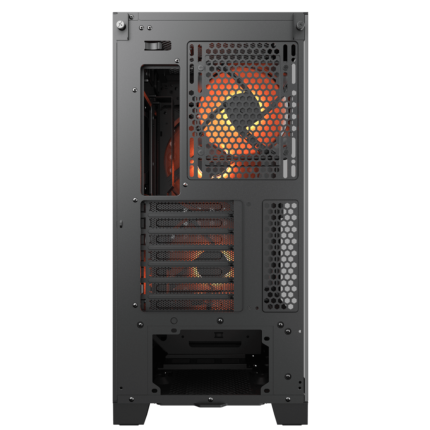 Rückseite eines schwarzen Computergehäuses mit beleuchteten Lüftern.