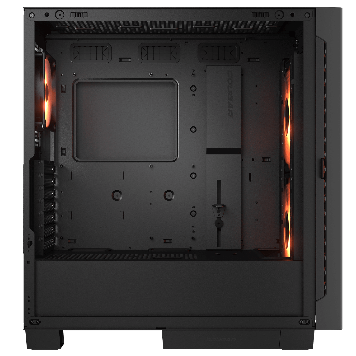 Innenansicht eines schwarzen Computergehäuses mit beleuchteten Lüftern.