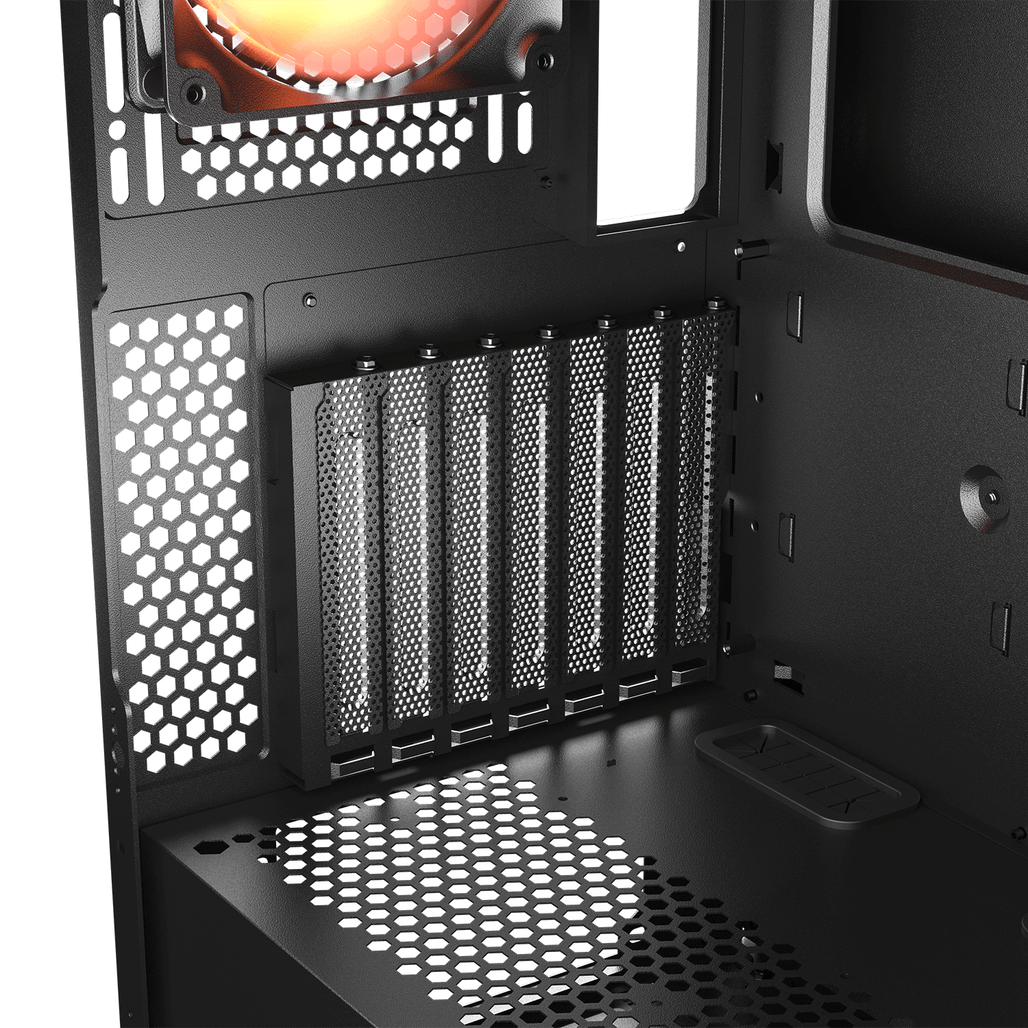 Innenansicht eines schwarzen Computergehäuses mit Lüfter und Steckplätzen.