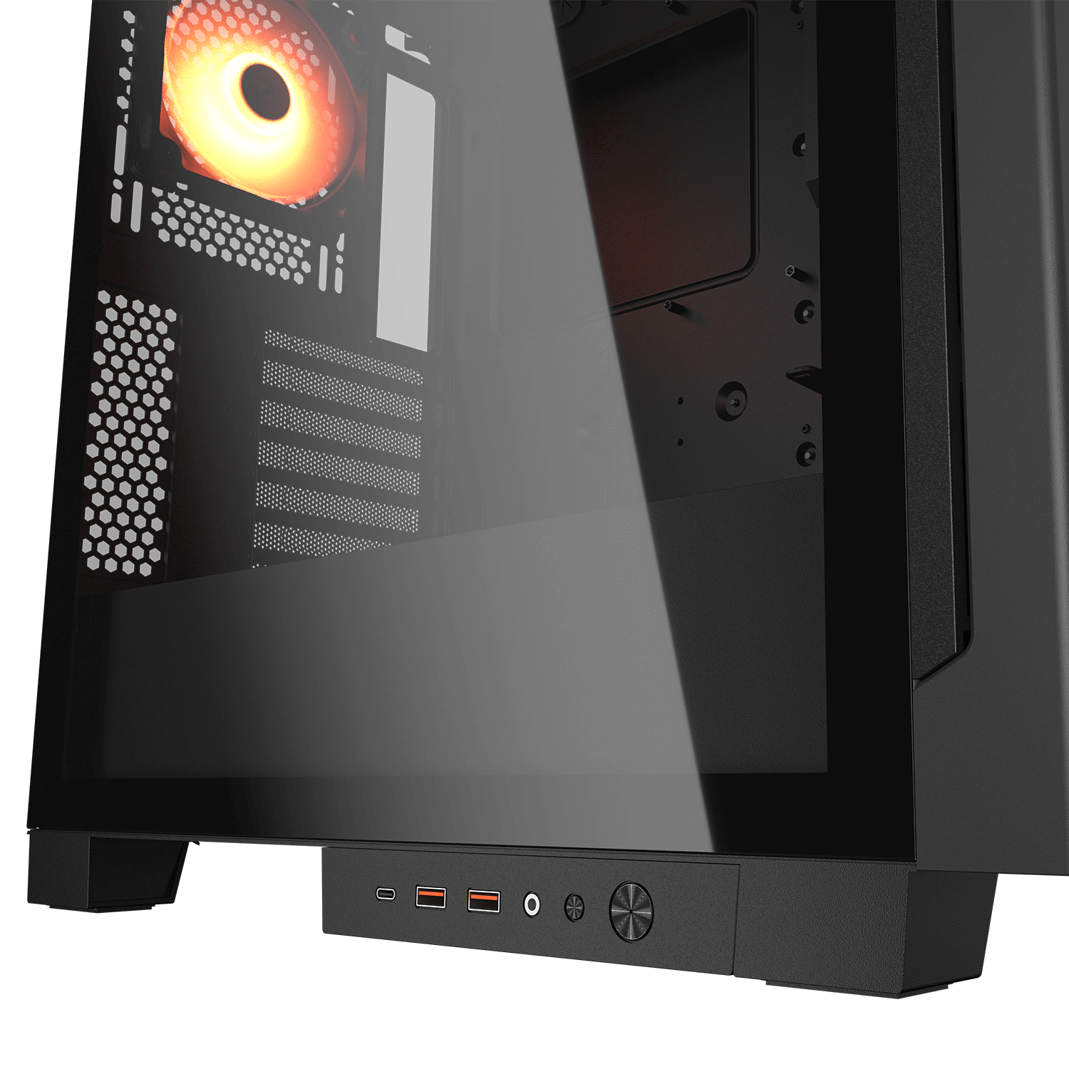 Ein schwarzes Computergehäuse mit beleuchtetem Lüfter und Frontanschlüssen.