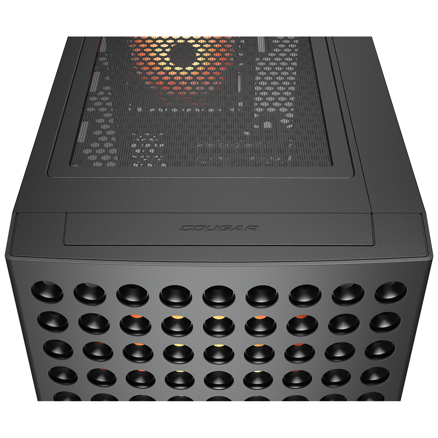 Ein schwarzes Computergehäuse mit runden Belüftungslöchern und beleuchteten Lüftern.