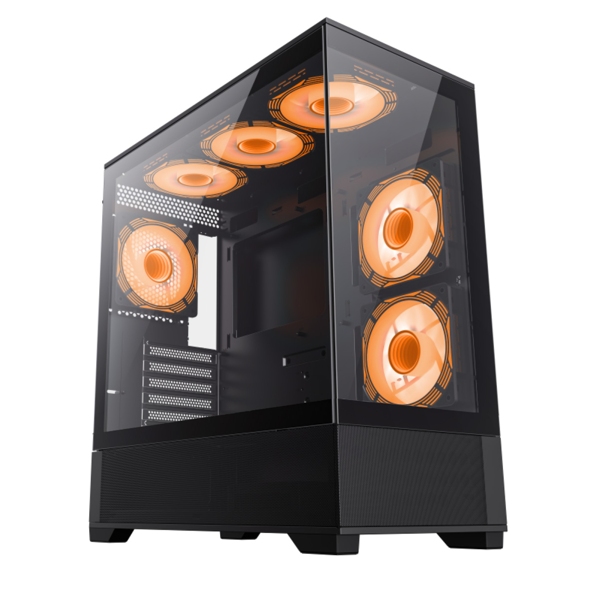 Schwarzer PC-Gehäuse mit Glasfront und orange beleuchteten Lüftern.