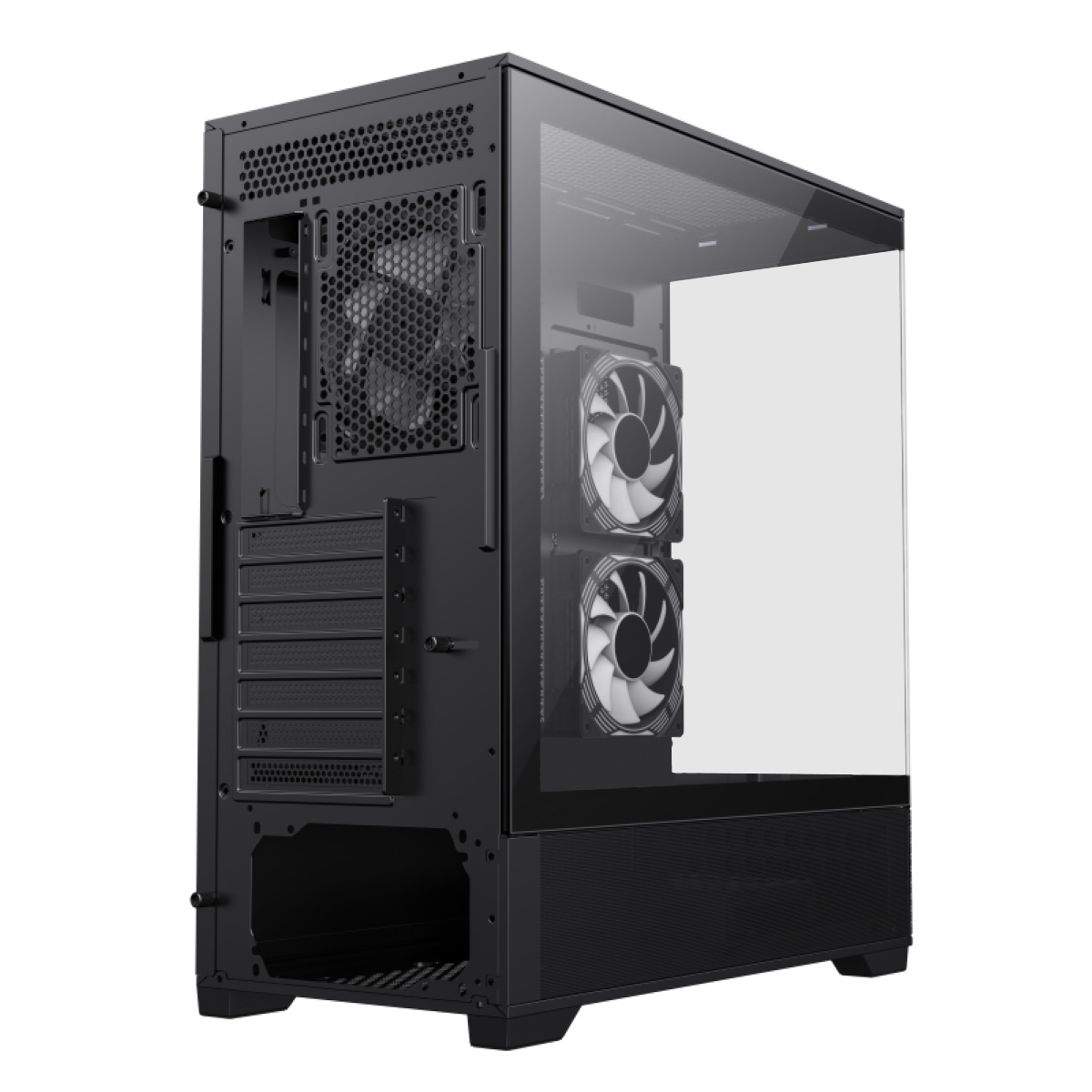 Schwarzes Computergehäuse mit Glasfront und zwei Lüftern.
