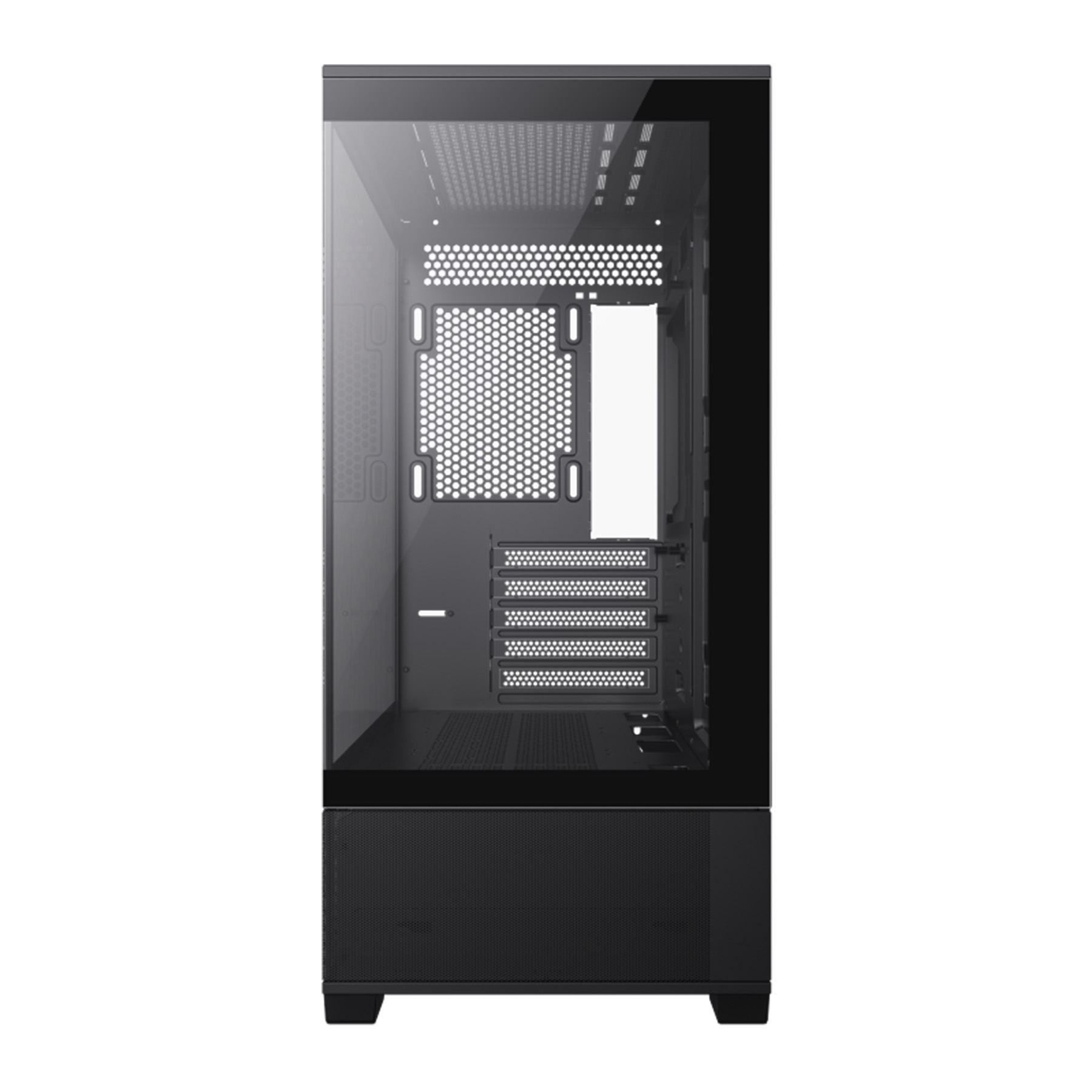 Ein schwarzes PC-Gehäuse mit Glasfront und Netzteilabdeckung.