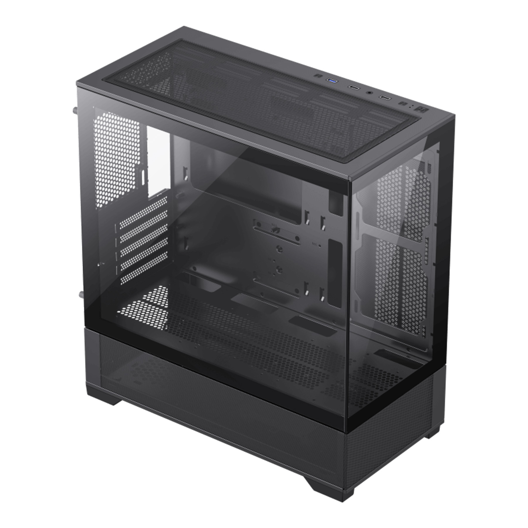 Schwarzes PC-Gehäuse mit Glasseiten und Mesh-Oberseite mit Anschlüssen.