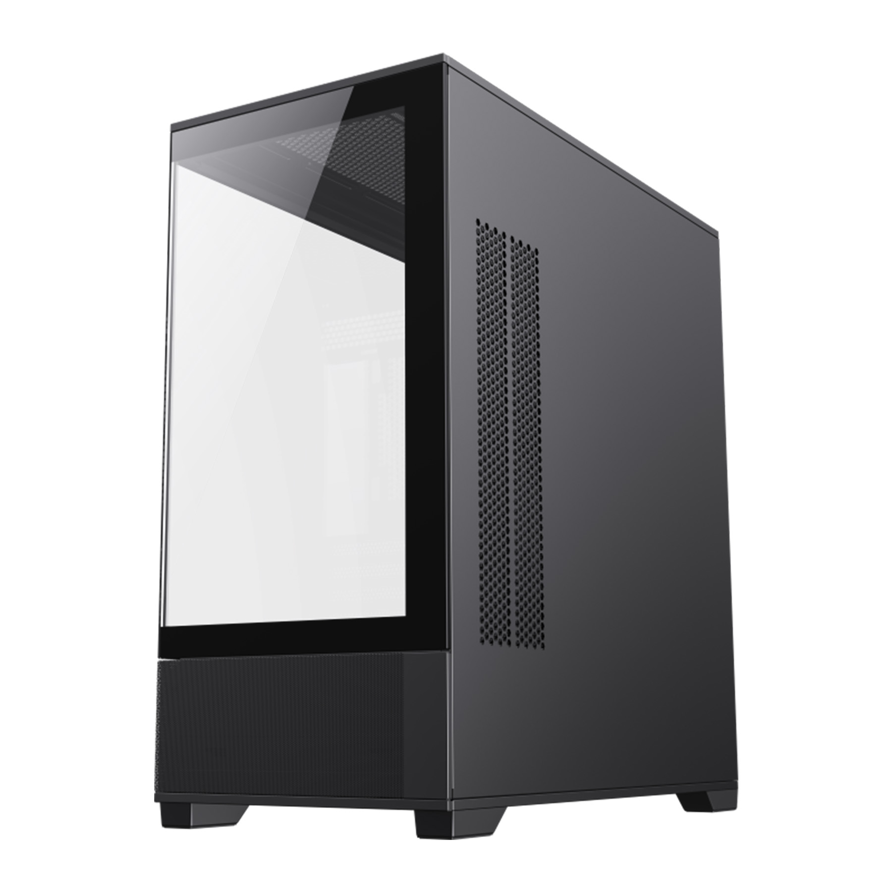 Schwarzes PC-Gehäuse mit Glasfront und Lüftungsschlitzen.