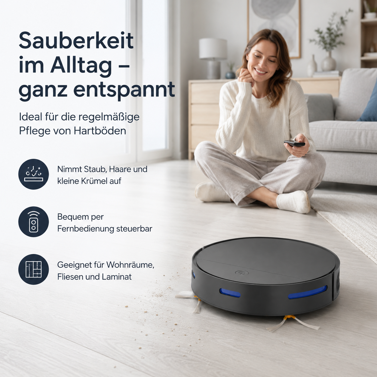 Ein Saugroboter reinigt einen Holzboden, während eine Frau auf dem Boden sitzt und eine Fernbedienung hält.