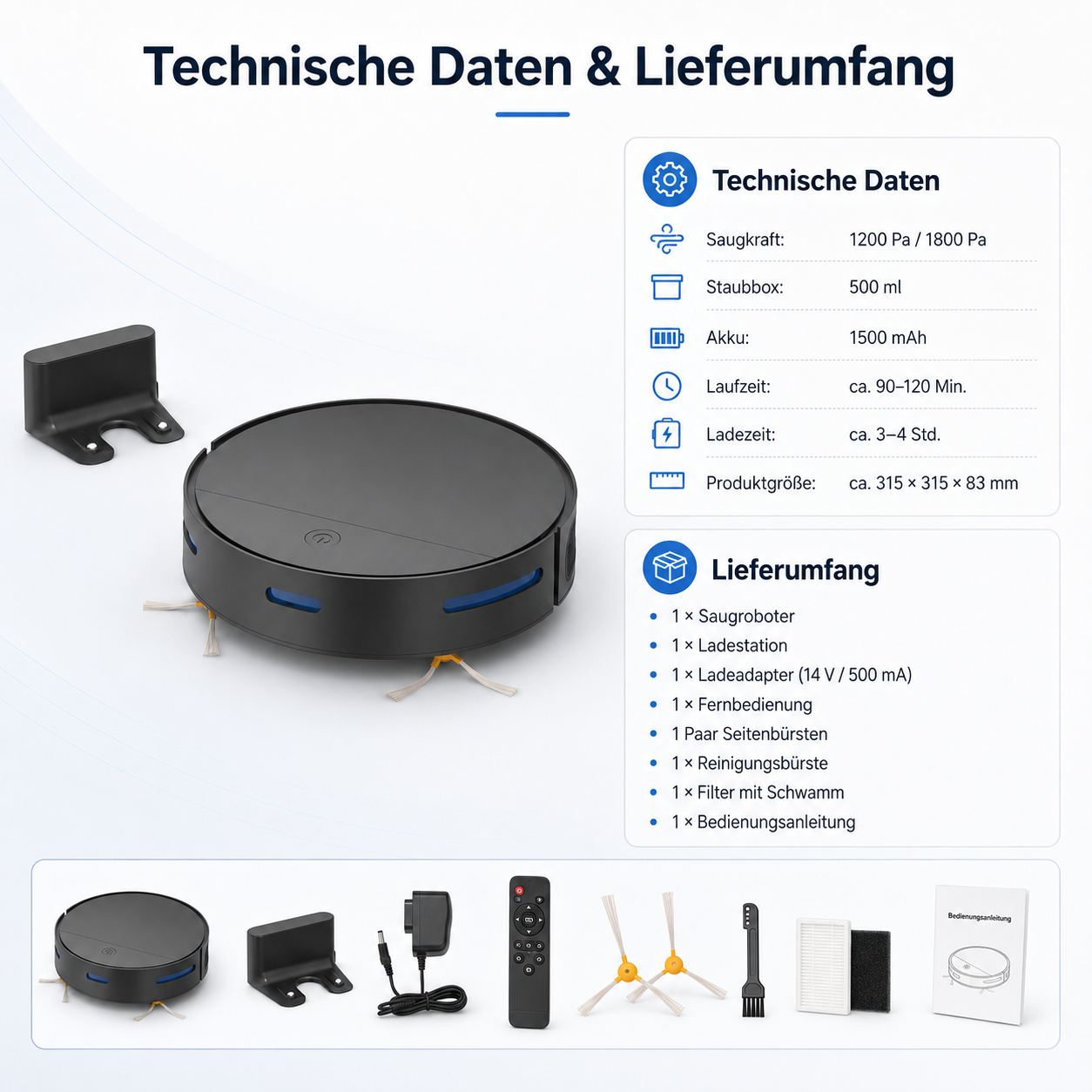 Ein schwarzer Saugroboter mit Ladestation und Zubehör, technische Daten und Lieferumfang.