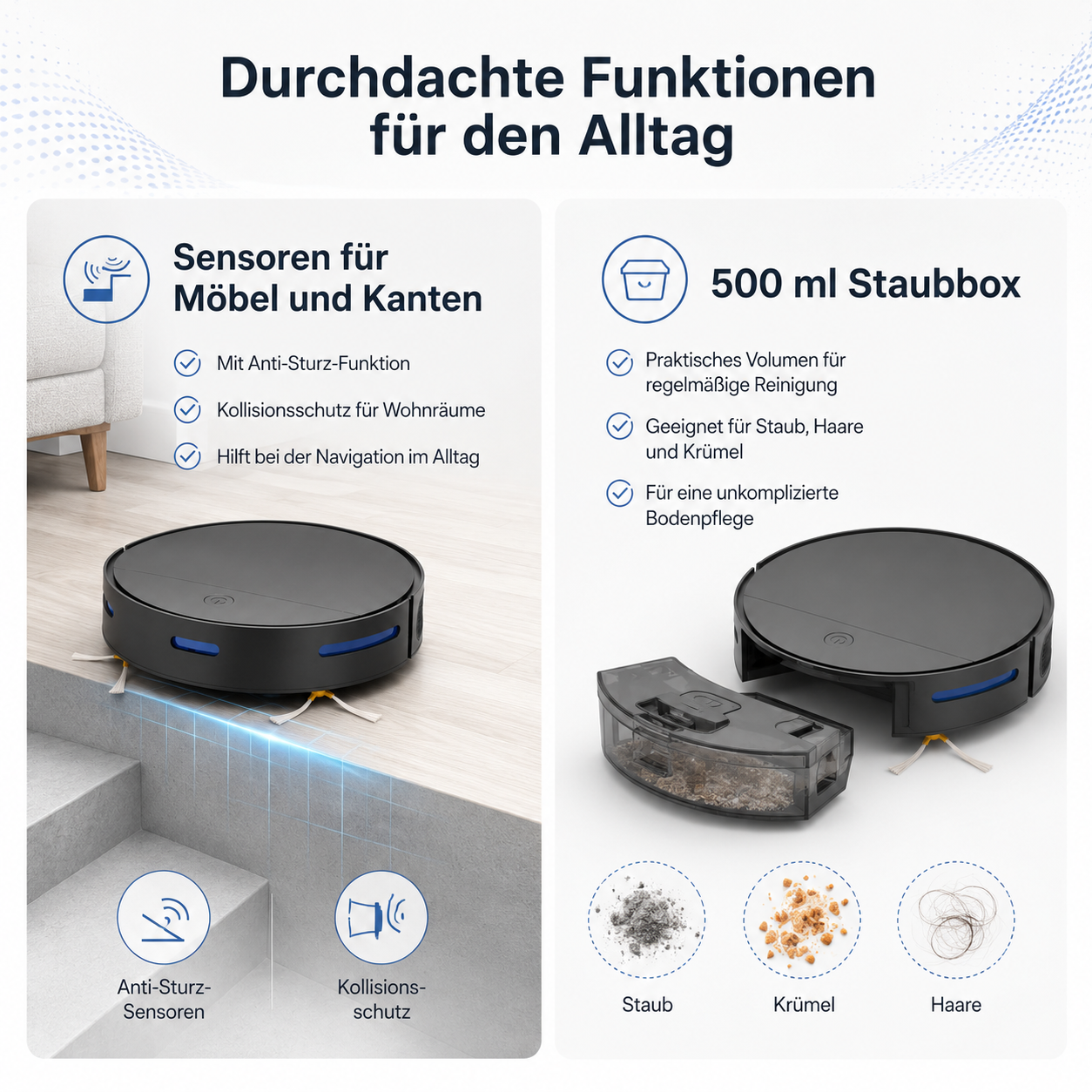 Roboterstaubsauger mit Sensoren und 500ml Staubbox. Zeigt Staub, Krümel und Haare.