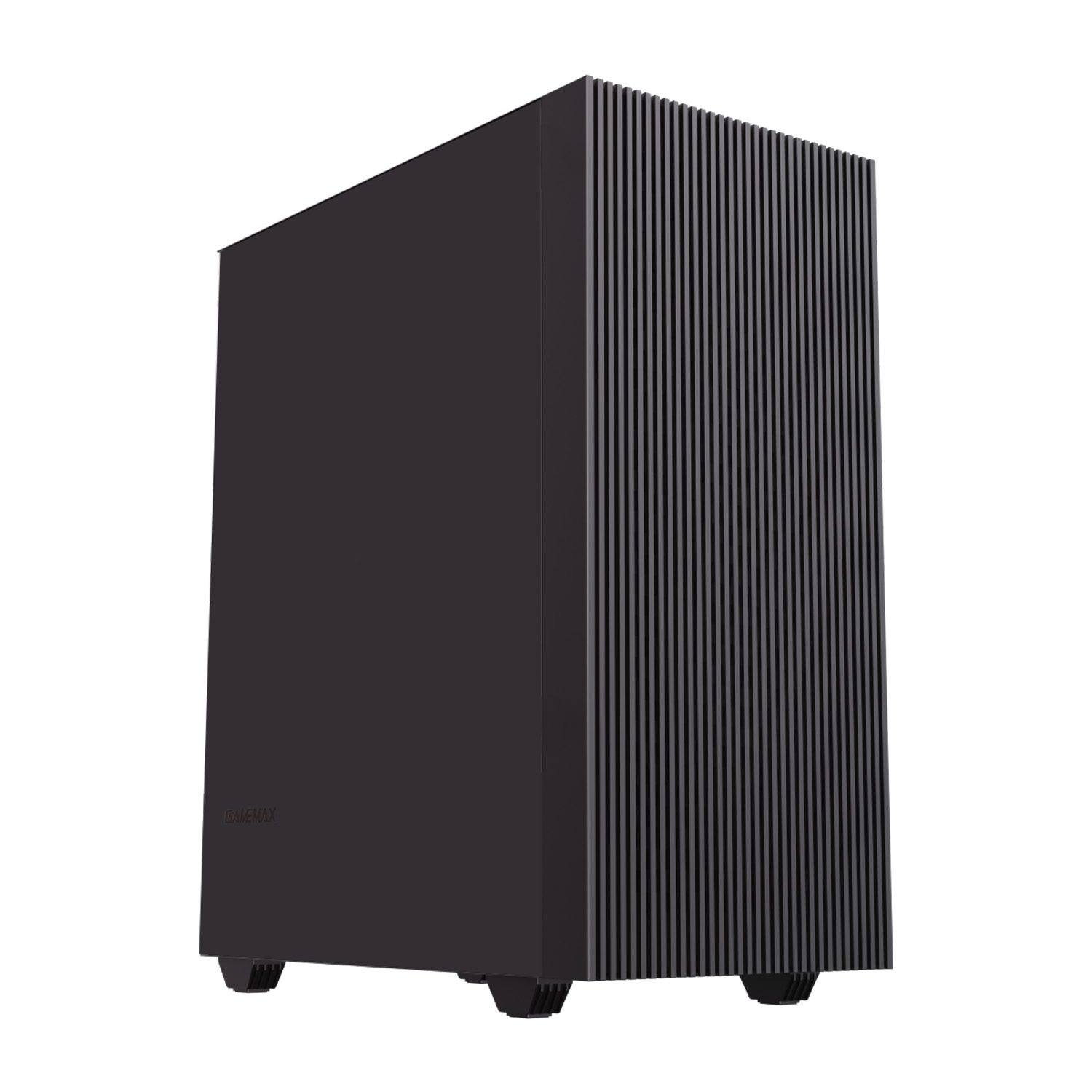 Schwarzer Gaming-PC-Turm mit vertikalen Lüftungsschlitzen an der Vorderseite.