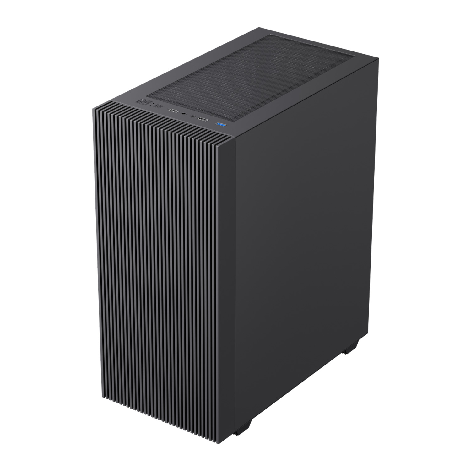 Schwarzes Computergehäuse mit vertikalen Lamellen an der Vorderseite und einem Gitter oben.