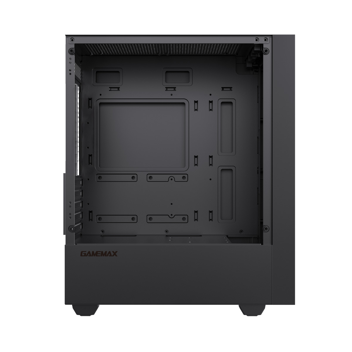 Schwarzes Computergehäuse-Inneres mit Befestigungspunkten und Markenname GAMEMAX.