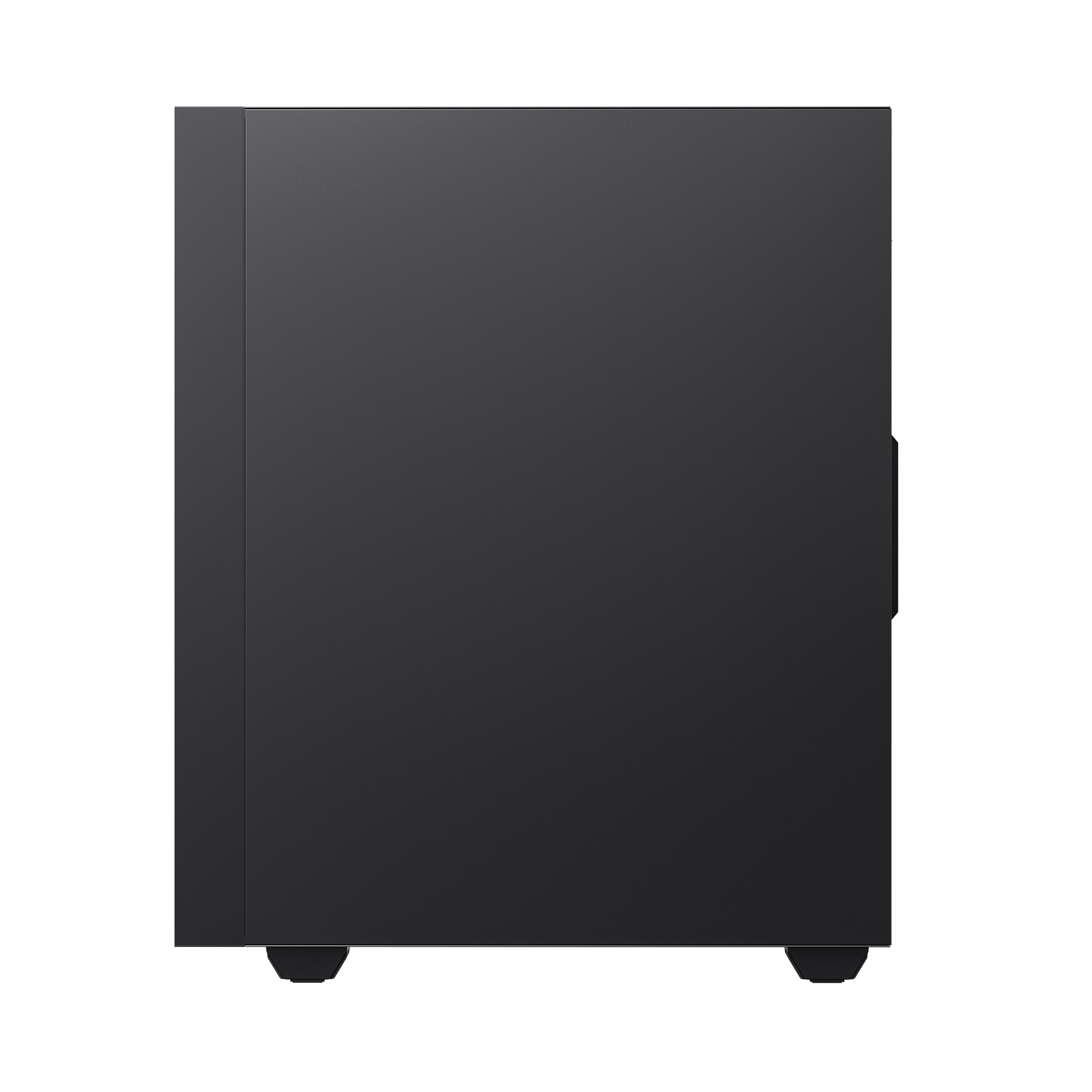 Schwarzes Computergehäuse mit Füßen, von der Seite gesehen.