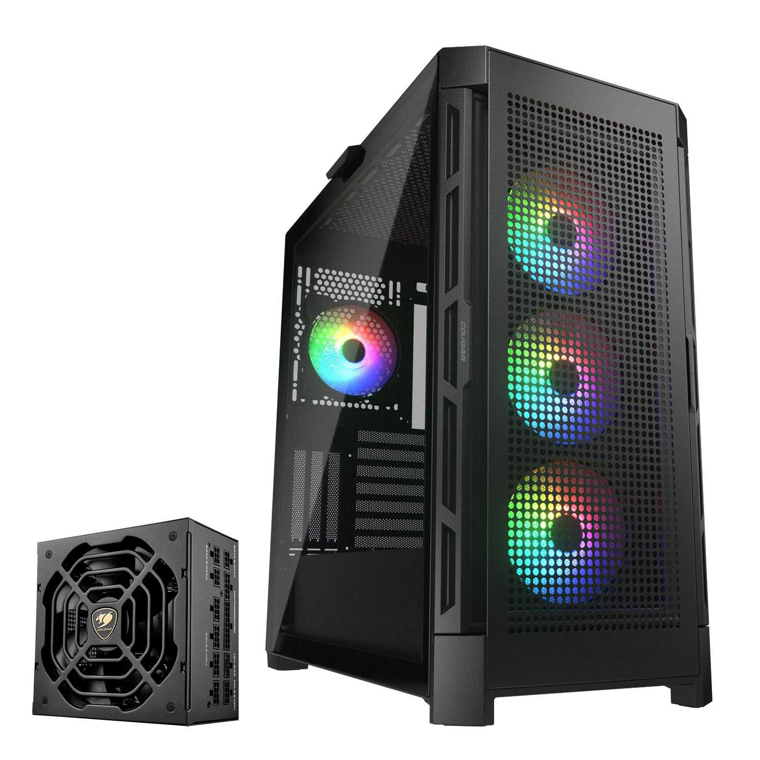 Schwarzes Netzteil neben einem schwarzen PC-Gehäuse mit RGB-Lüftern.