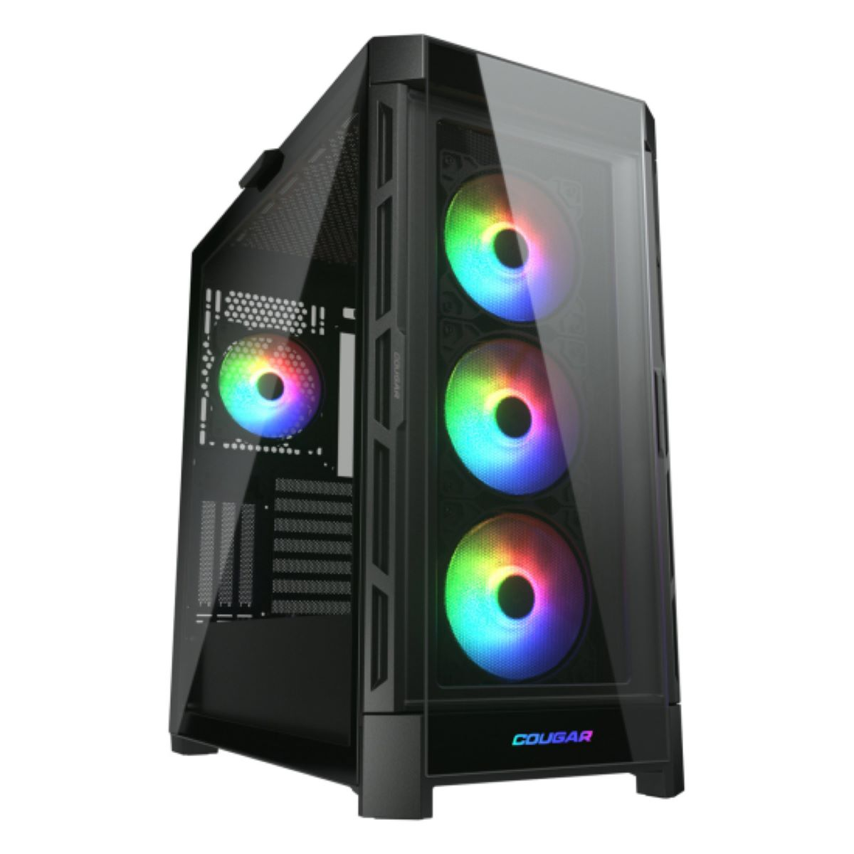 Schwarzer Computerturm mit klaren Vorder- und Seitenteilen, zeigt RGB-Lüfter.