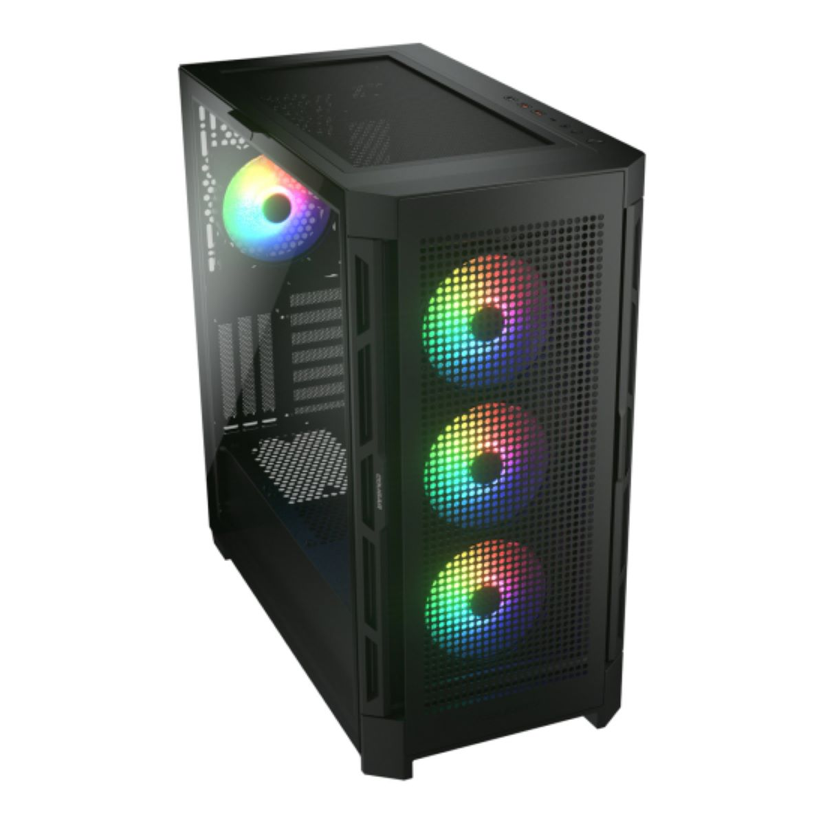 Schwarzes Computergehäuse mit RGB-Lüftern vorn und seitlich.