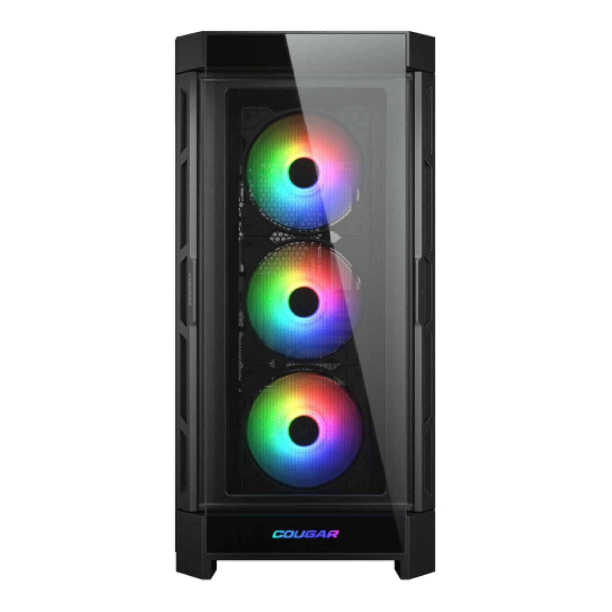 Schwarzes Computergehäuse mit drei RGB-Lüftern vorne und Glasfront.
