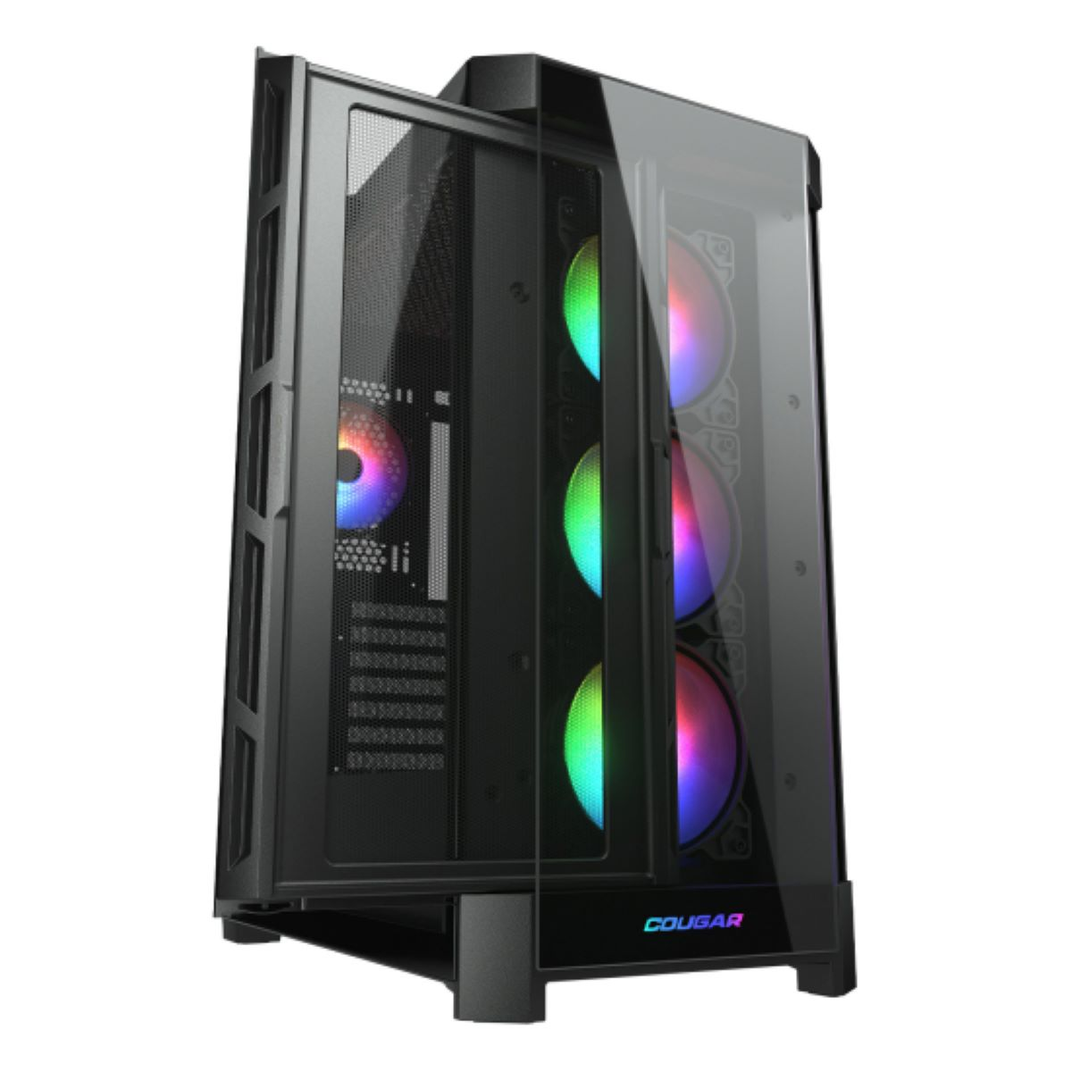 Schwarzes PC-Gehäuse mit Glasfront und RGB-Lüftern.