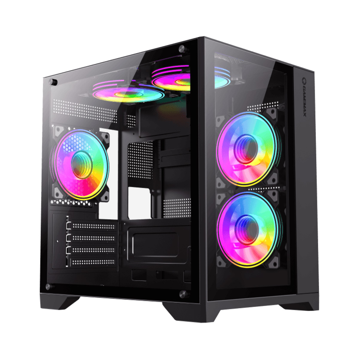 Ein schwarzes PC-Gehäuse mit Glasfront und RGB-Lüftern.