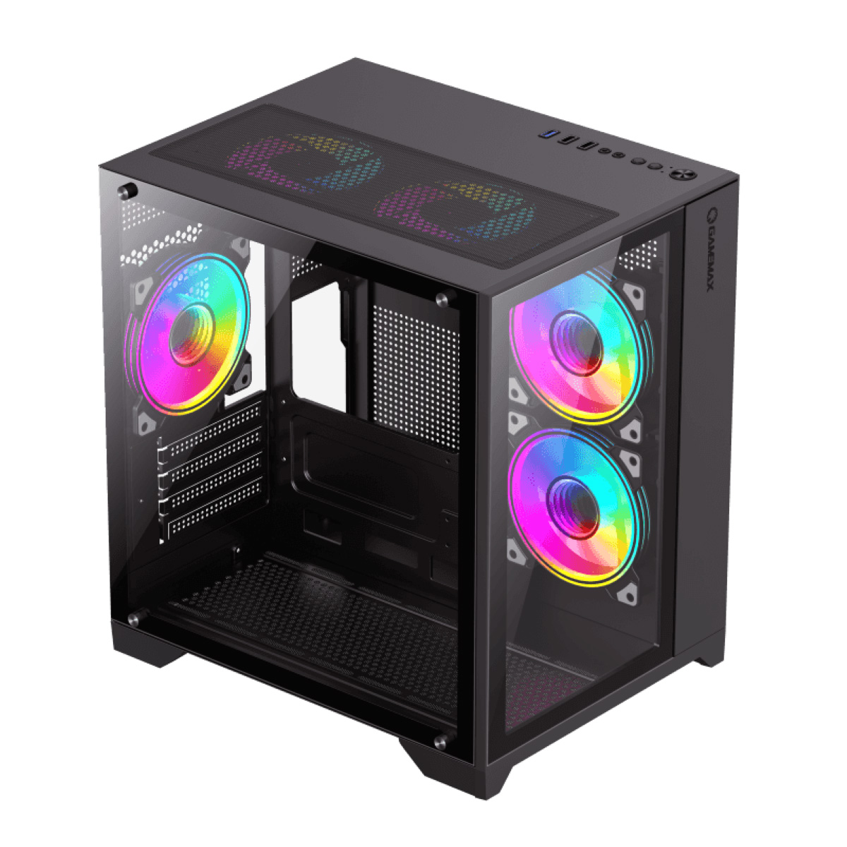 Schwarzes PC-Gehäuse mit Glasfenstern und RGB-Lüftern vorne und oben.
