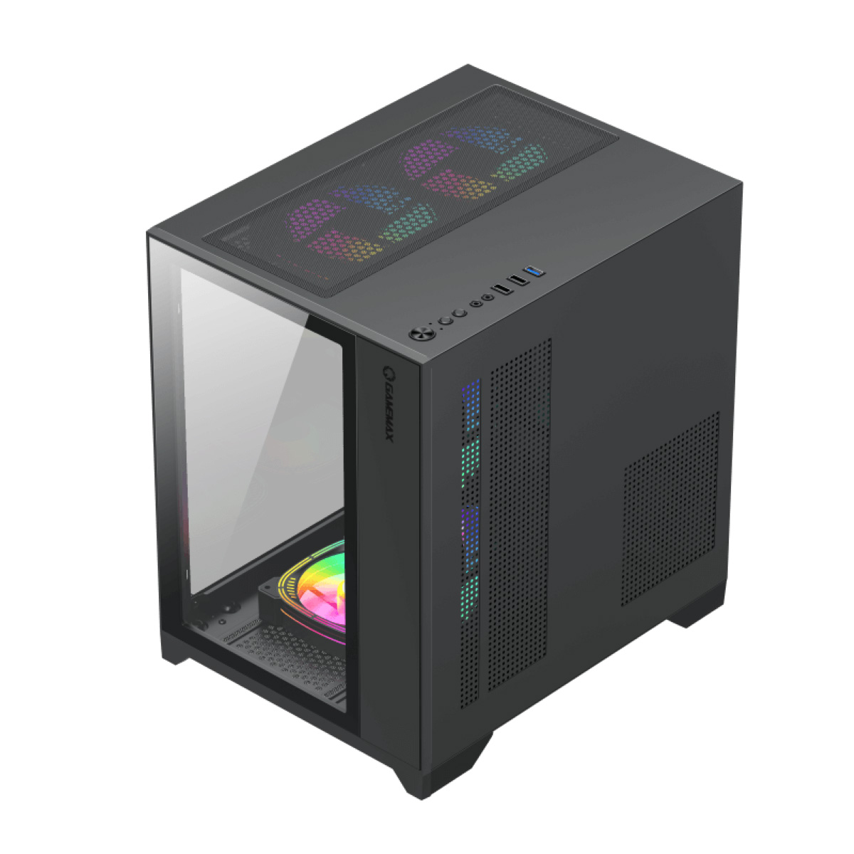 Schwarzer Computerturm mit Glasseitenteil, RGB-Lüftern oben und innen.
