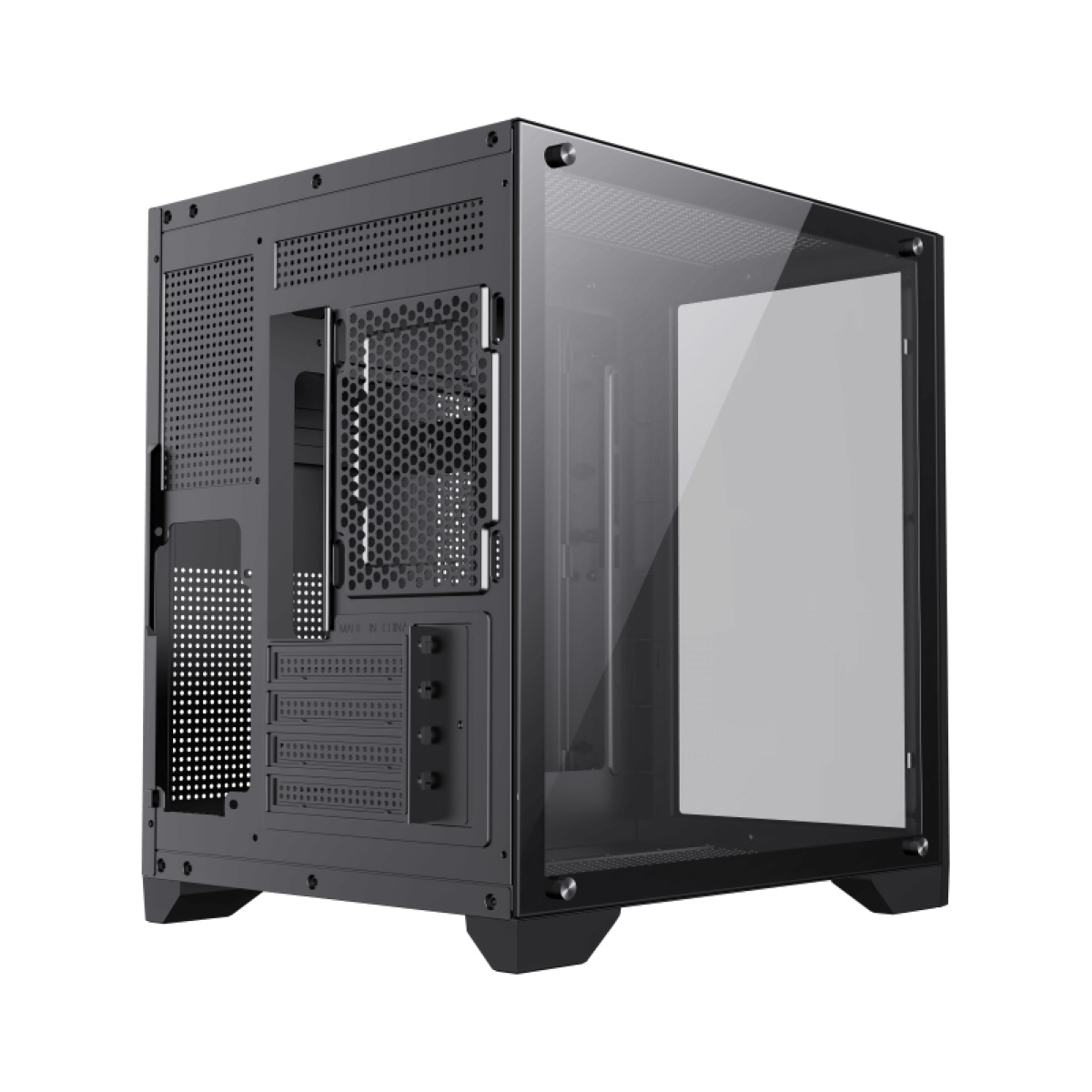 Schwarzes Computergehäuse mit Glasfront und Belüftungsgitter an der Seite.