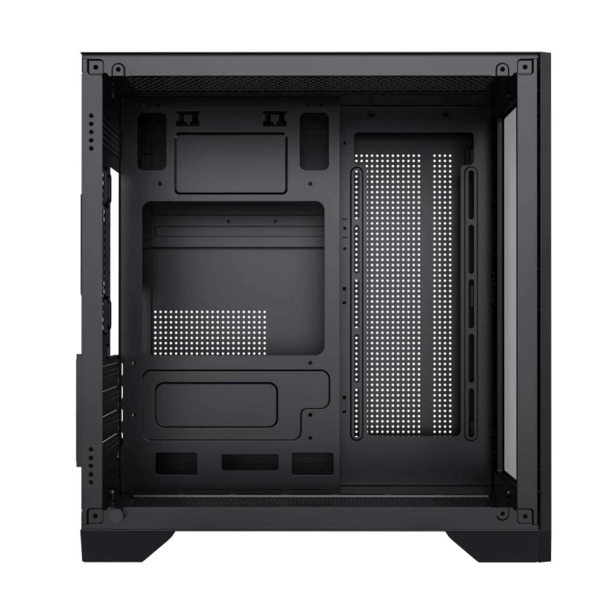 Ein schwarzes Computergehäuse mit offenem Seitenteil und vielen Lüftungsschlitzen.