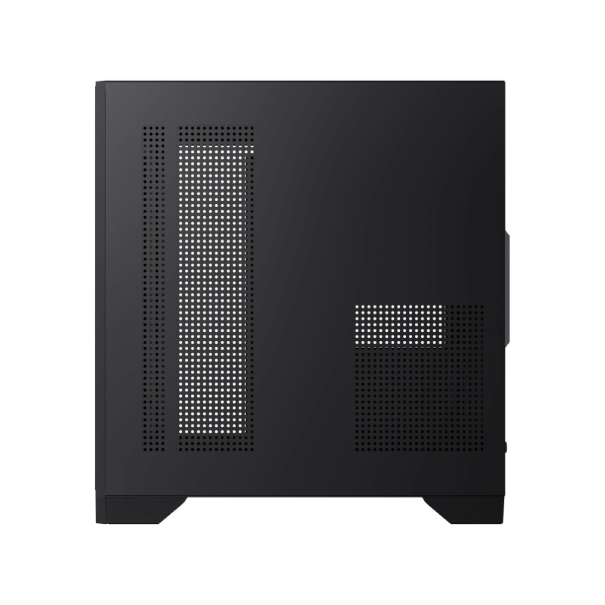 Schwarzes Computergehäuse mit perforierten Lüftungsgittern an der Seite.