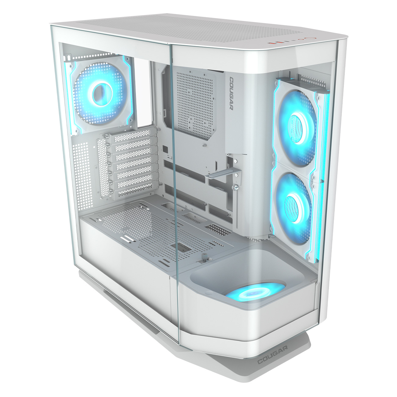 Ein weißes PC-Gehäuse mit Glasfenstern und blauen Lüftern.