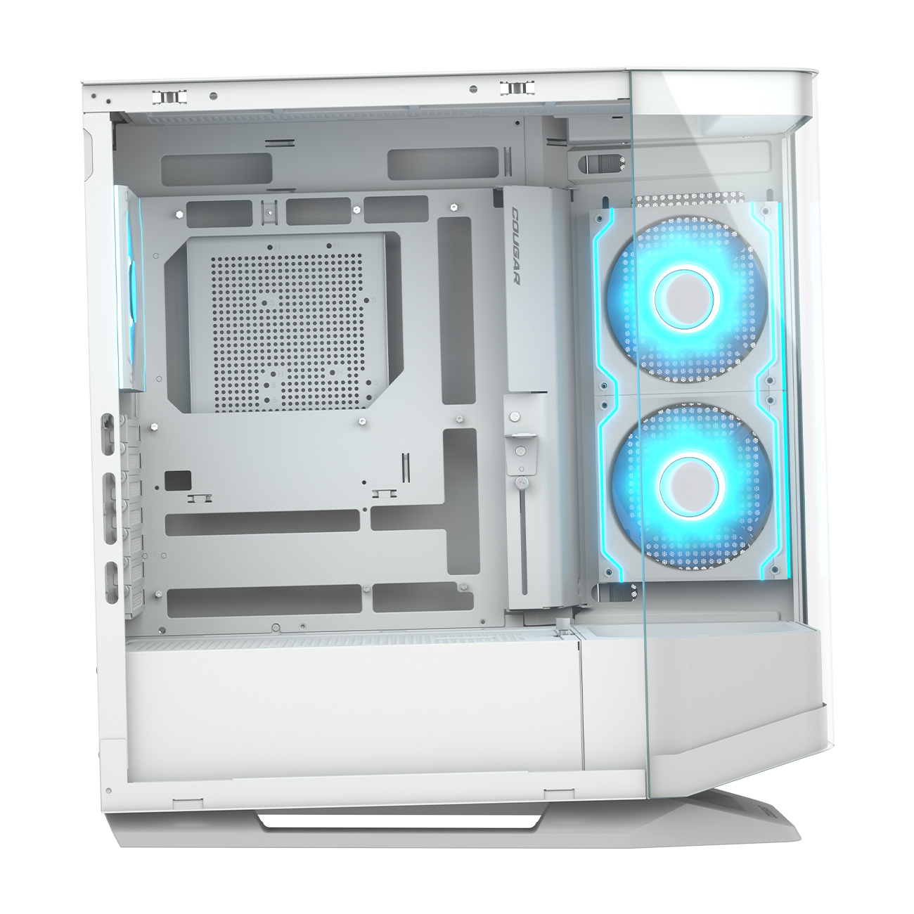 Weißes Computergehäuse-Interieur mit doppelten blau beleuchteten Lüftern und Motherboard-Halterungen.