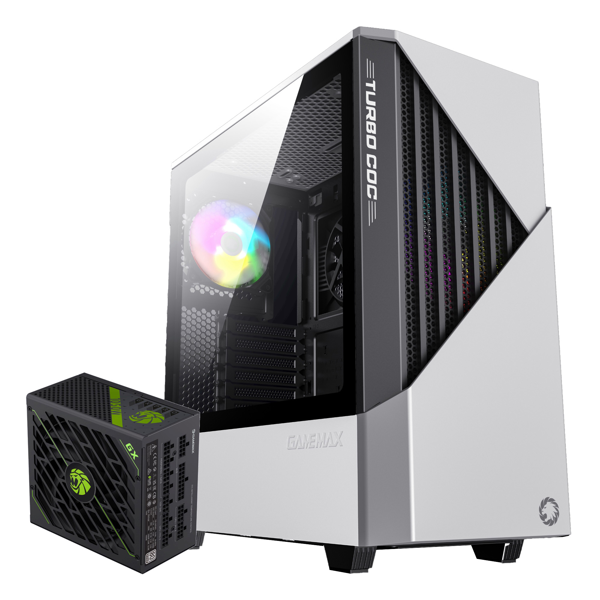 Ein weißes Computergehäuse mit RGB-Lüfter und ein schwarzes Netzteil daneben.