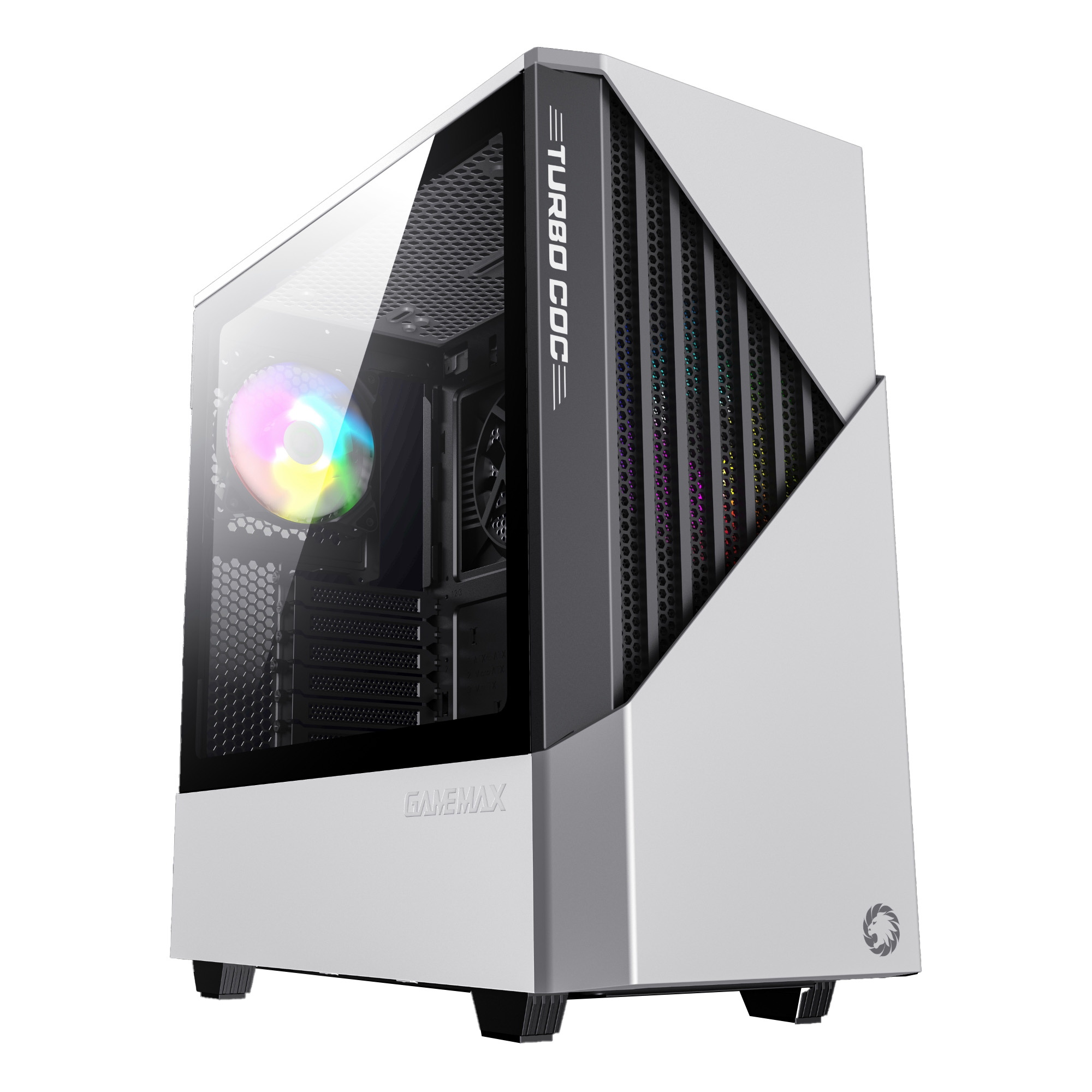 Ein weißes PC-Gehäuse mit Glasfenster, RGB-Lüfter und Lüftungsschlitzen.