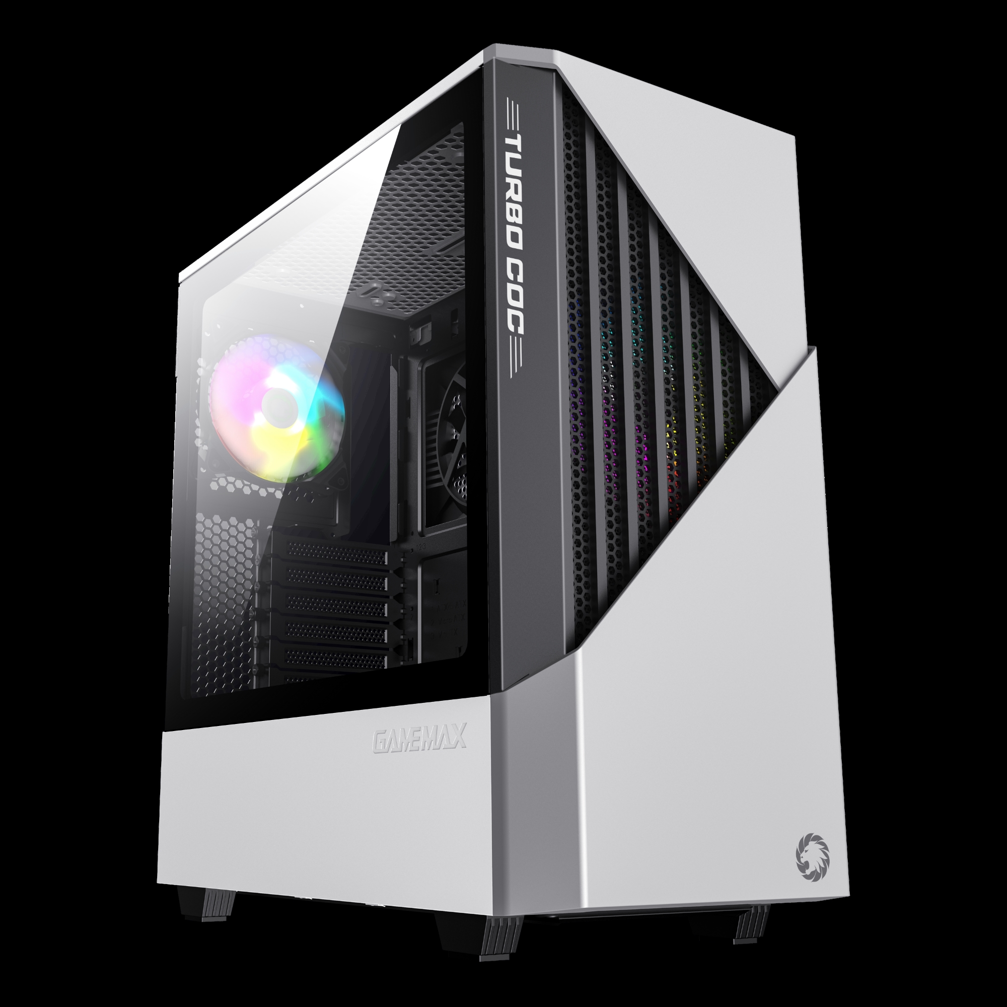 Ein weißer Gaming-PC mit Glasfenster und RGB-Lüfter. Er hat einen dunklen Streifen mit Aufdruck.