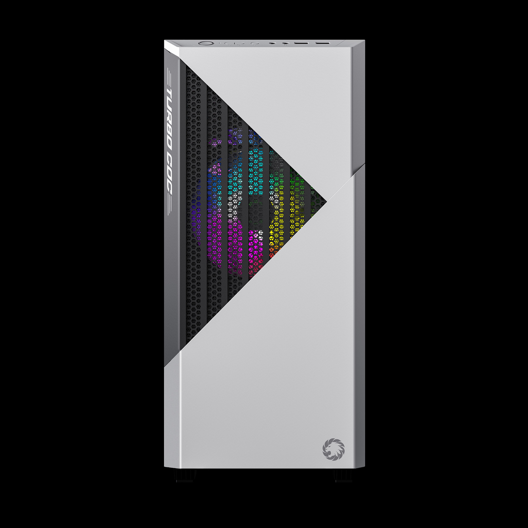 Ein weißes Computergehäuse mit RGB-Lüftern und "TURBO DOG"-Schriftzug.