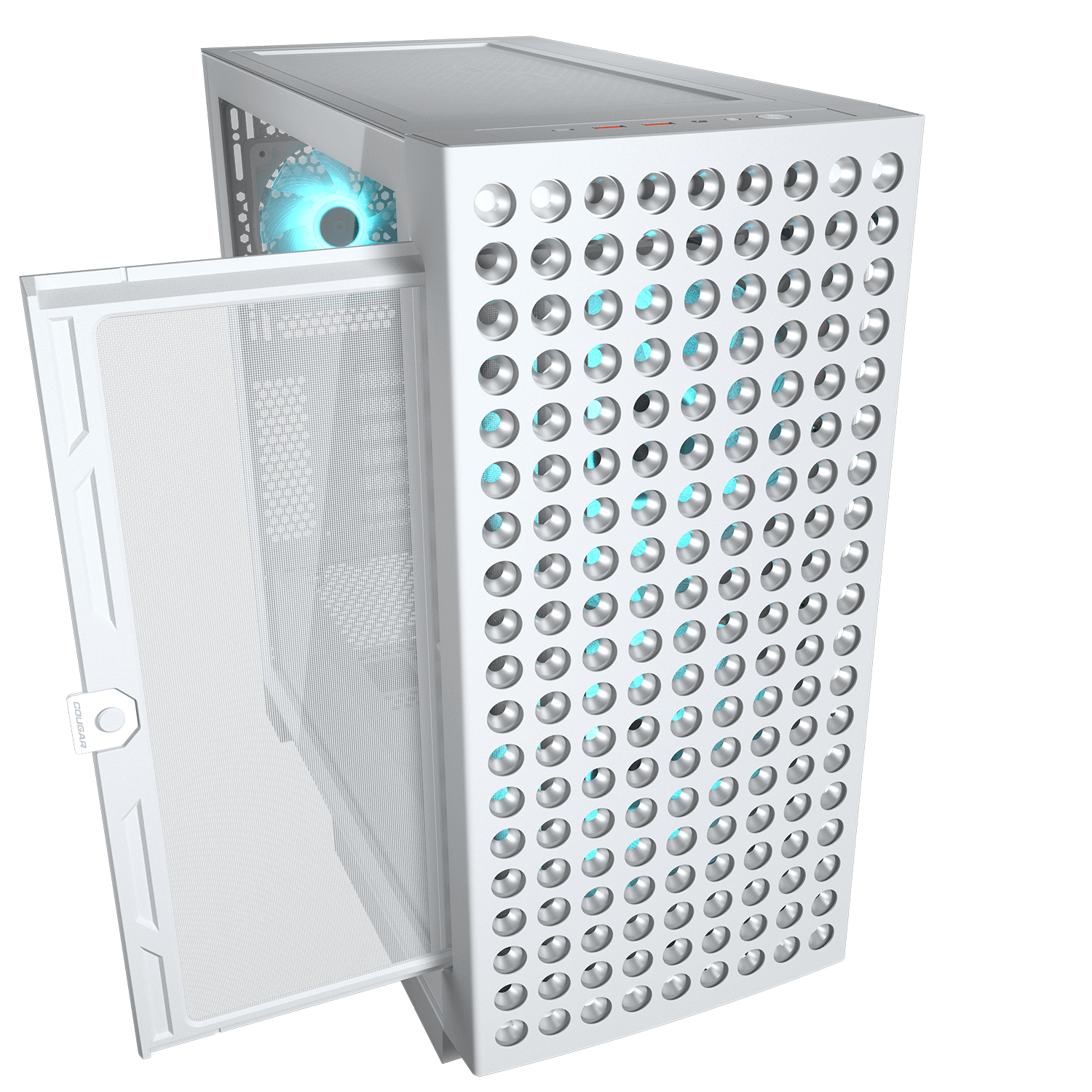 Ein weies Computergehäuse mit offenem Frontpanel und blauer Lüfterbeleuchtung.