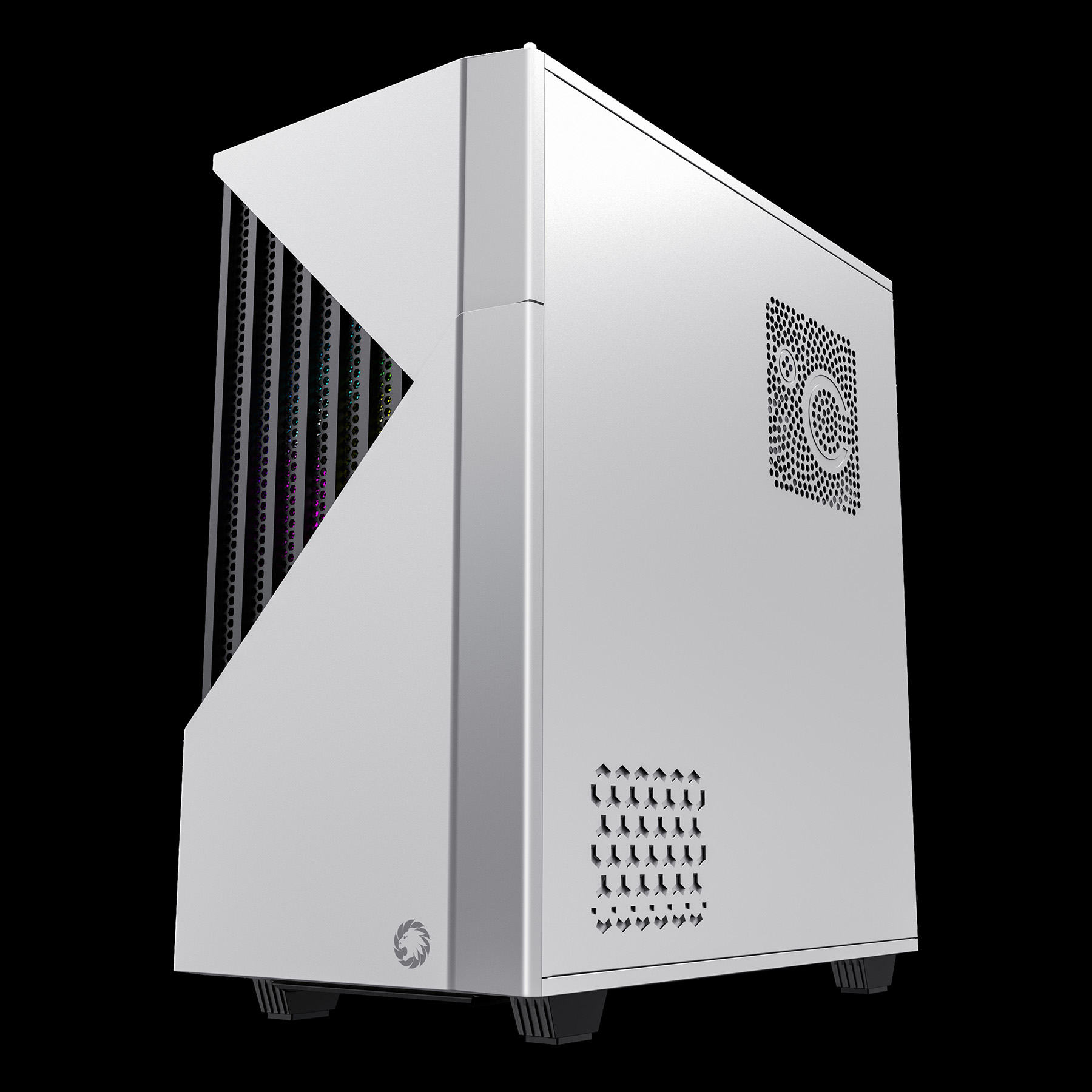 Ein weißes Computergehäuse mit einem Lüftergitter und RGB-Lüftern.