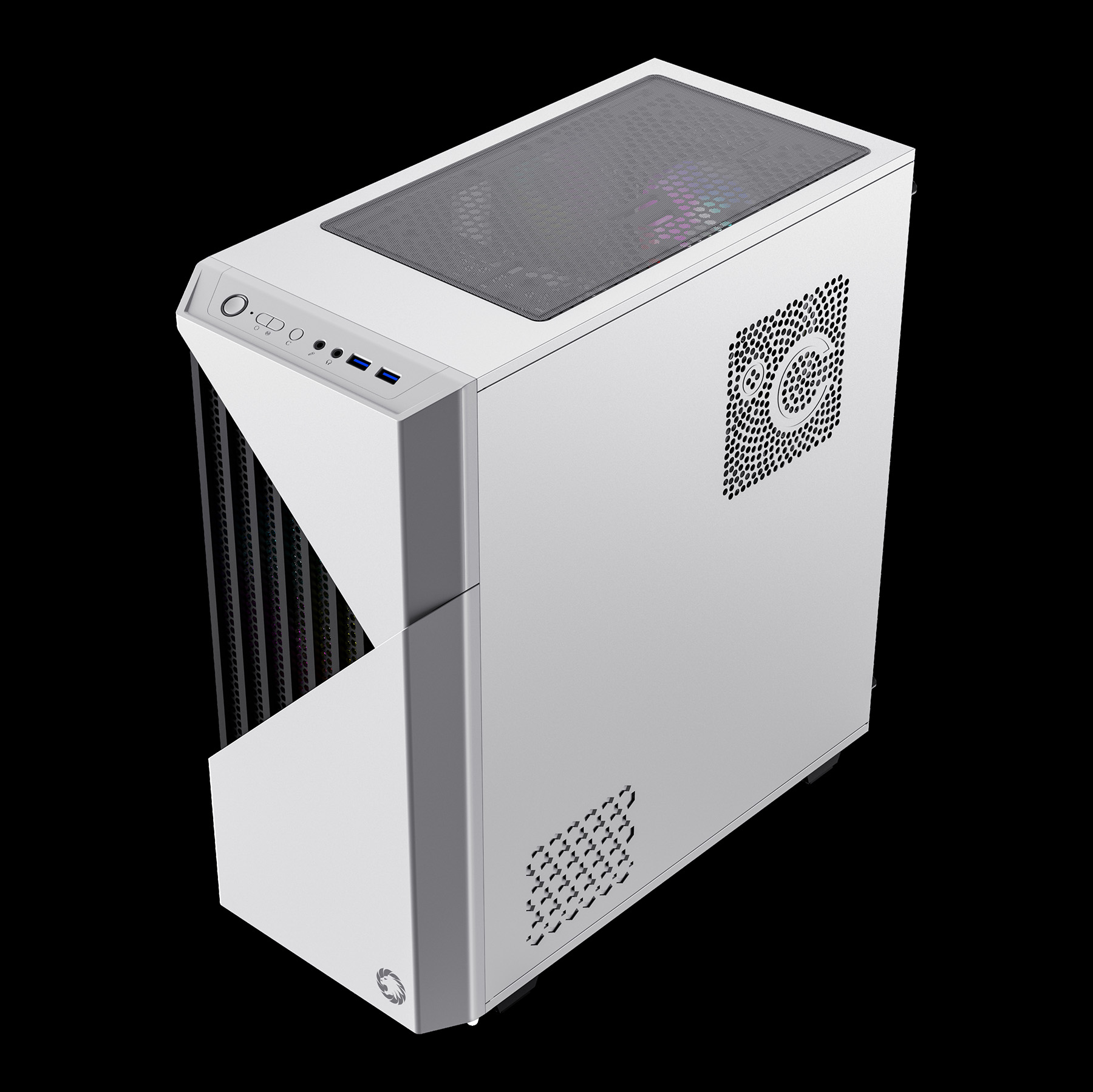 Ein weißes PC-Gehäuse mit sichtbaren Lüftern und Anschlüssen.