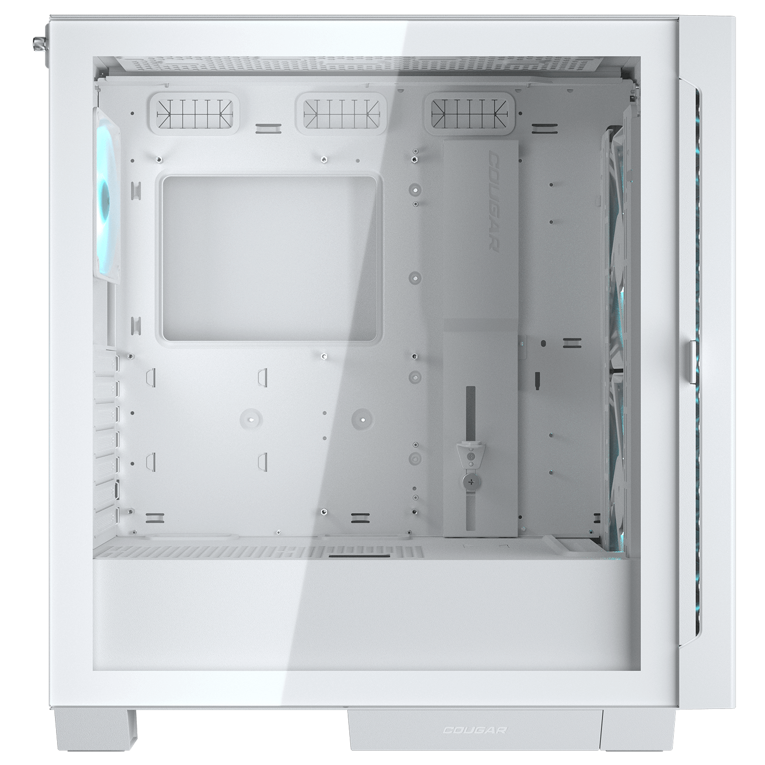 Ein weißes Computergehäuse mit blau beleuchteten Lüftern.