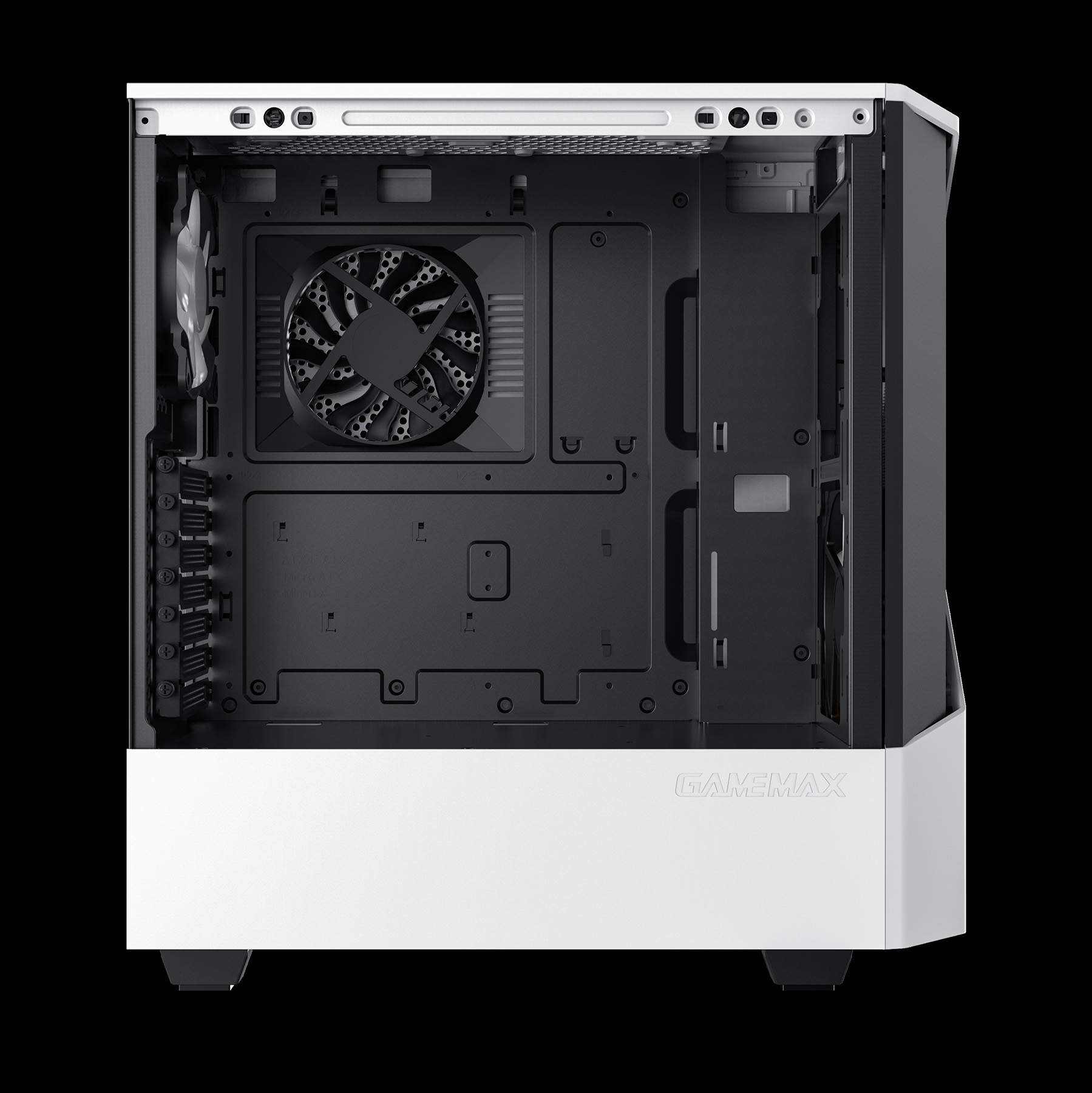 Innenansicht eines weißen PC-Gehäuses mit schwarzen Lüftern und Anschlüssen.