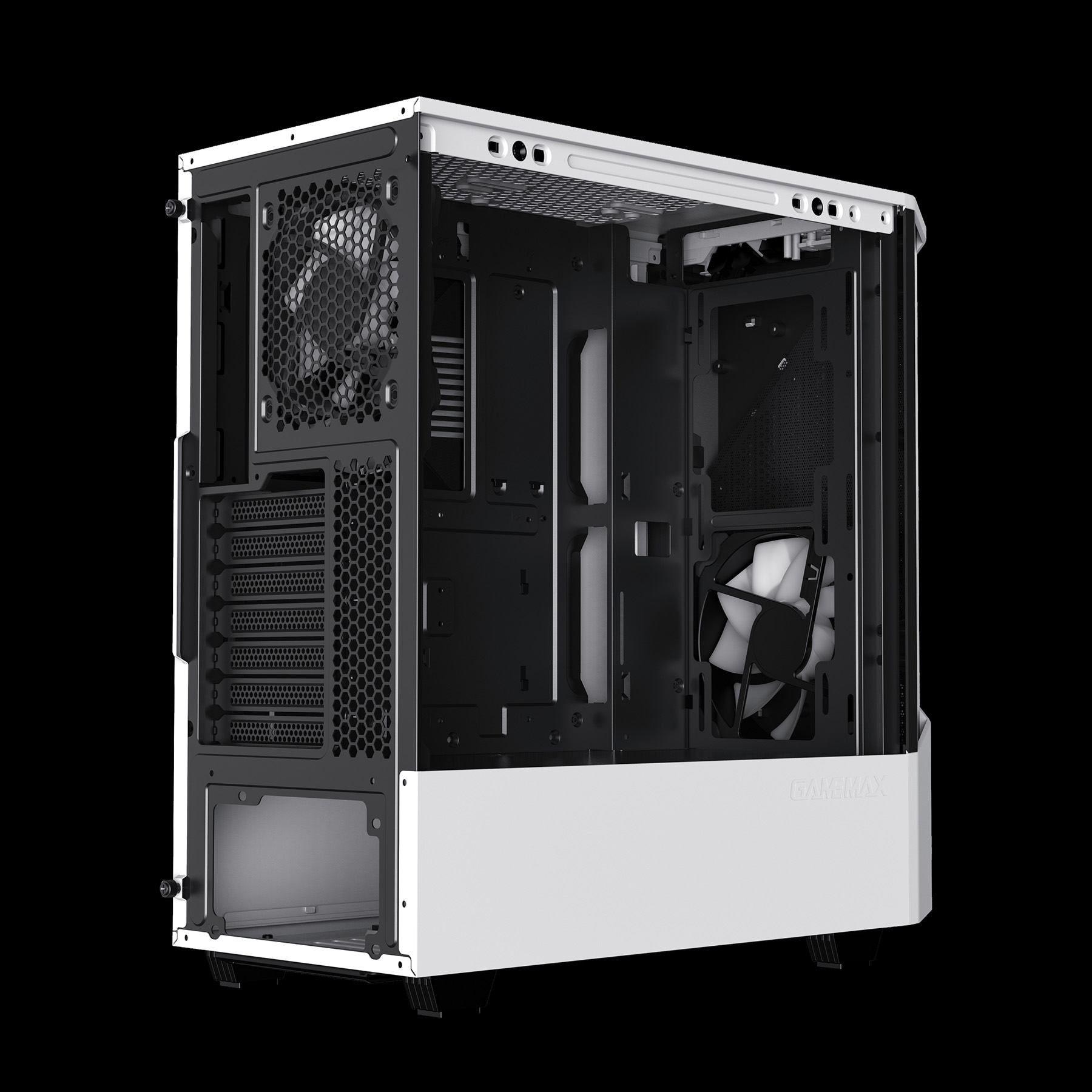 Ein weißer Computergehäuse-Rahmen mit Lüftern und Anschlüssen. Innenraum schwarz.