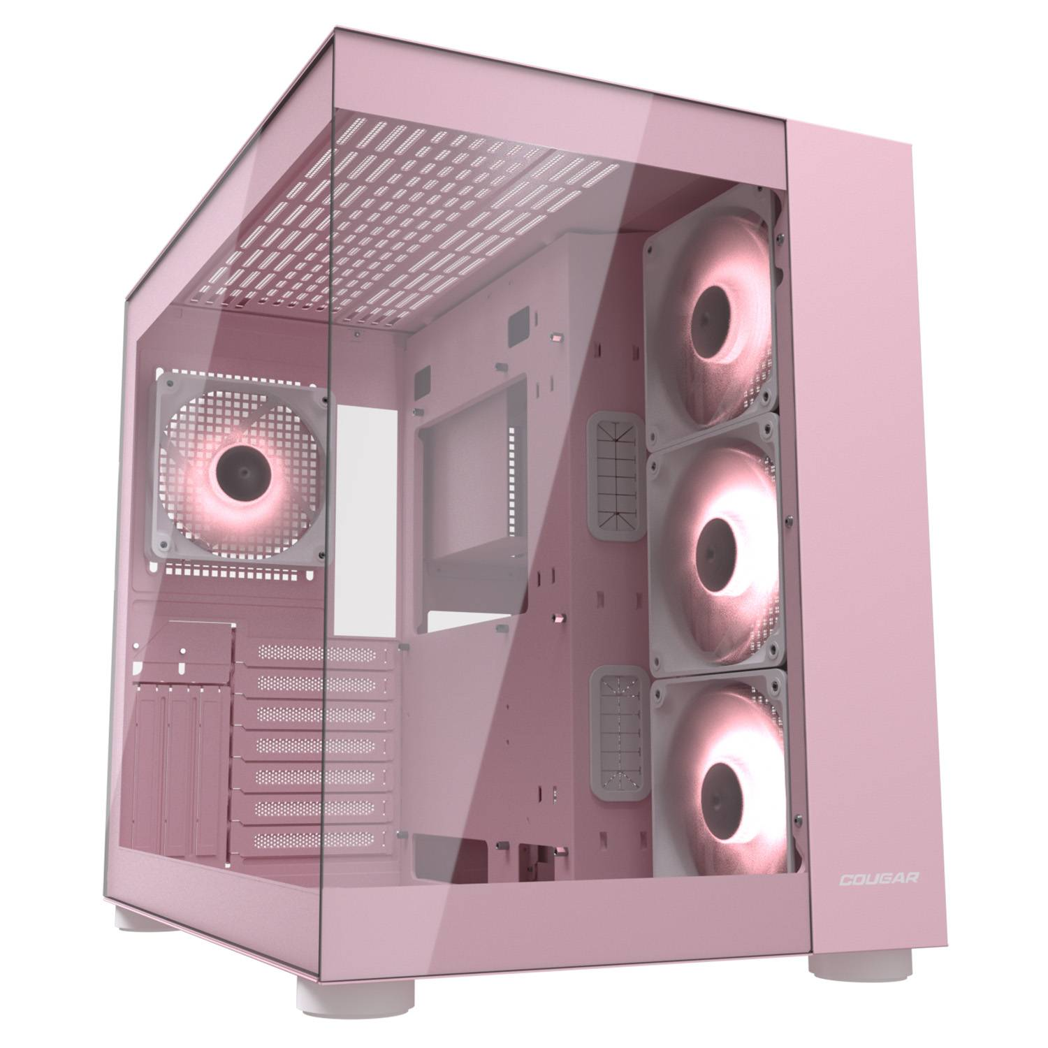 Ein rosafarbener PC-Tower mit Glasfront und drei beleuchteten Lüftern.