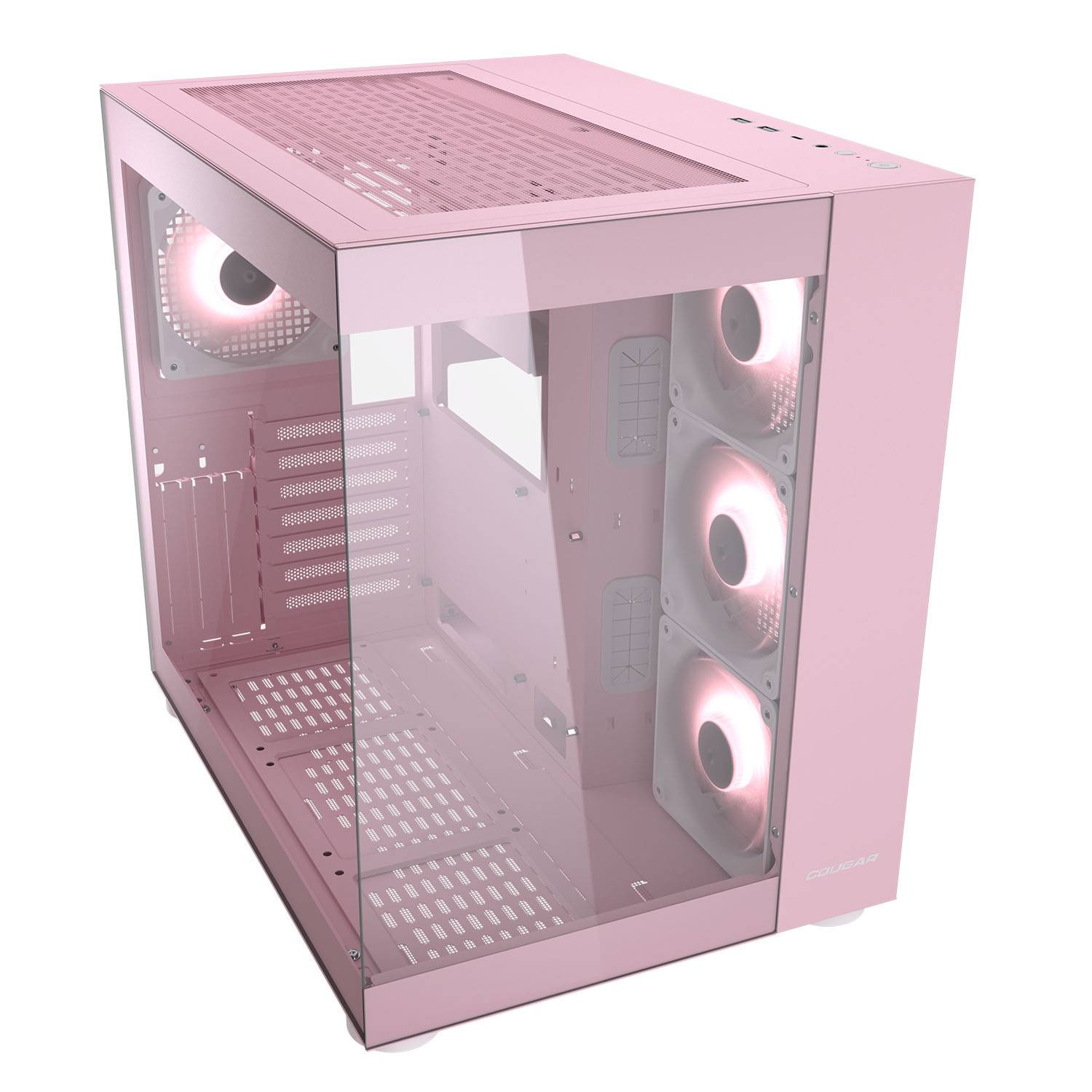 Ein rosafarbener PC-Gehäuselüfter mit Glasfront und RGB-Beleuchtung.